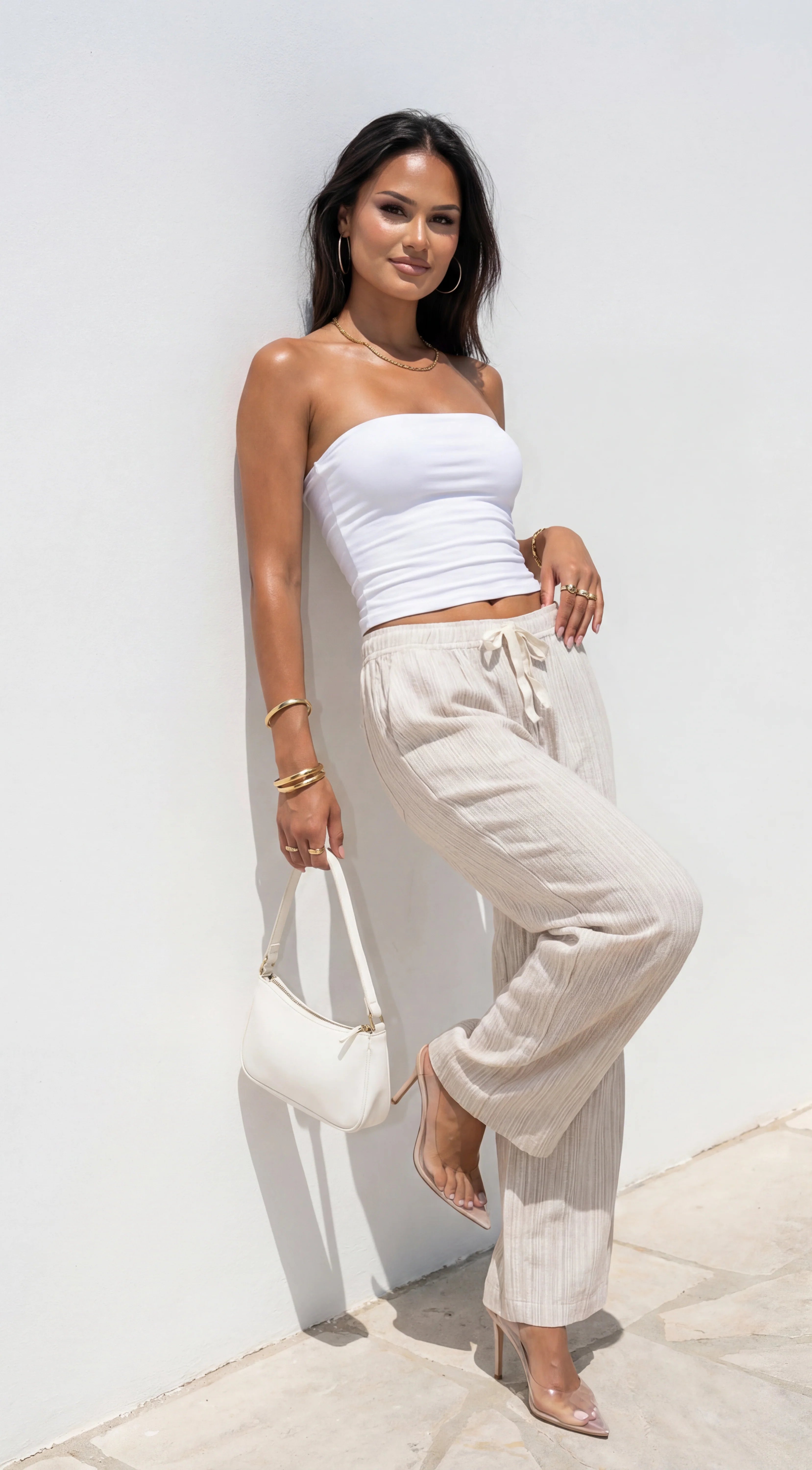 Marlow Striped Linen Wide Leg Pants Beige