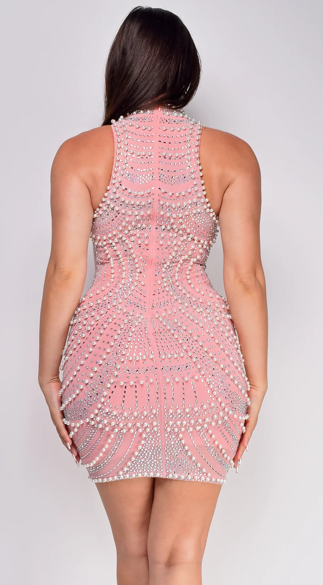 Vance Pink Rhinestone Pearl Mini Dress