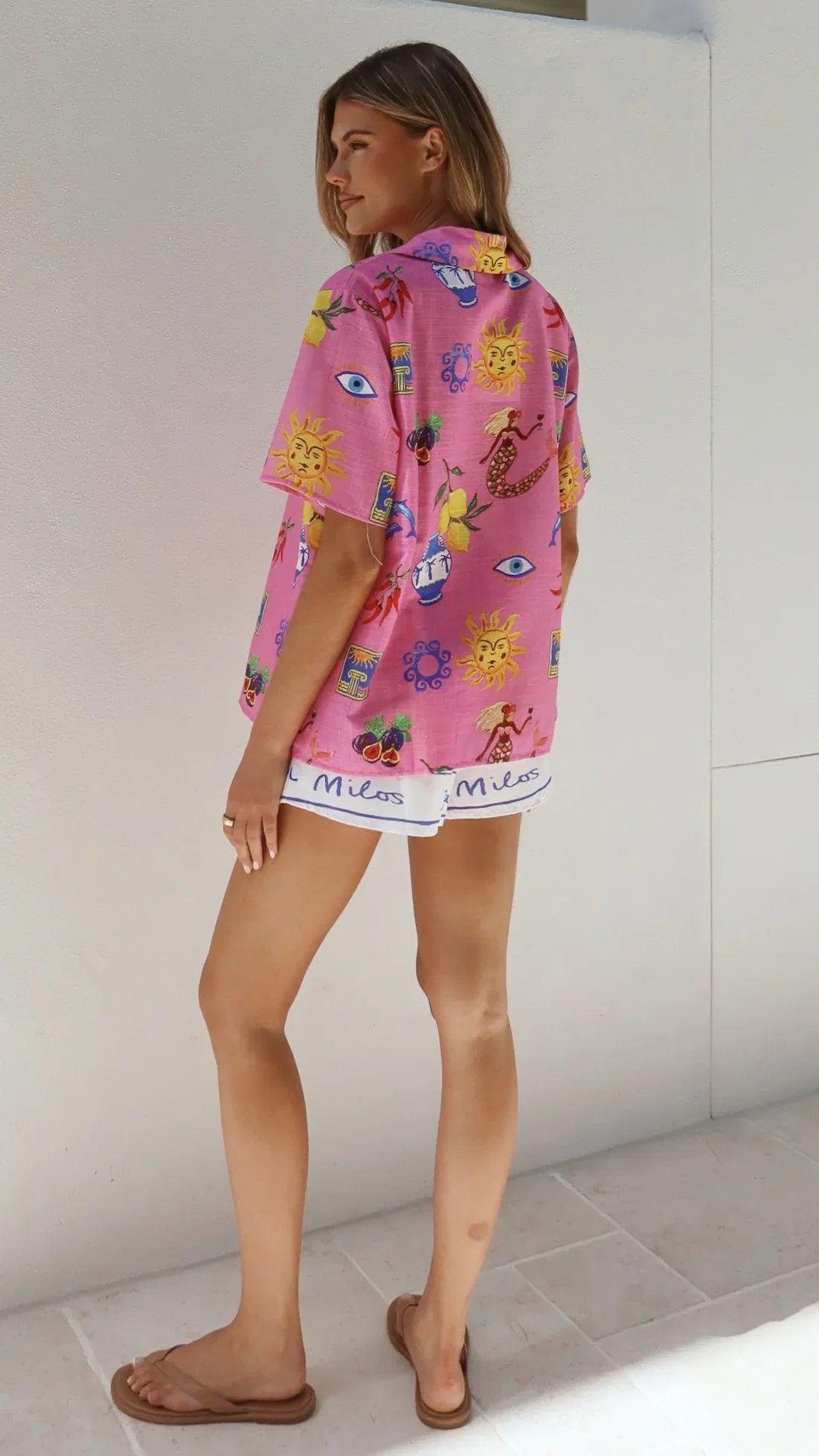 Dayana Tie Up Shirt and Shorts Set Greek Island Print