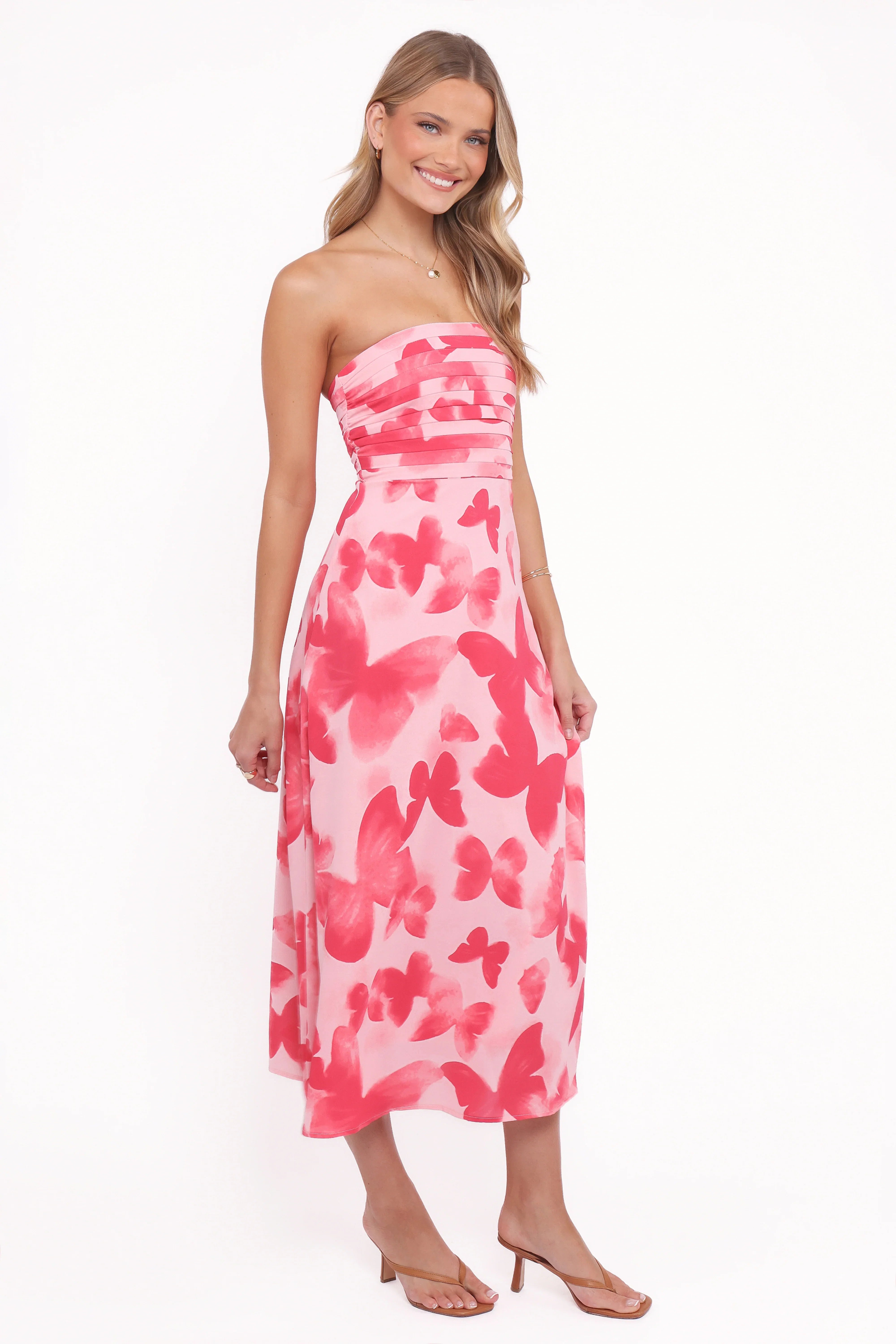 Kenna Strapless Midi Dress Butterfly Print