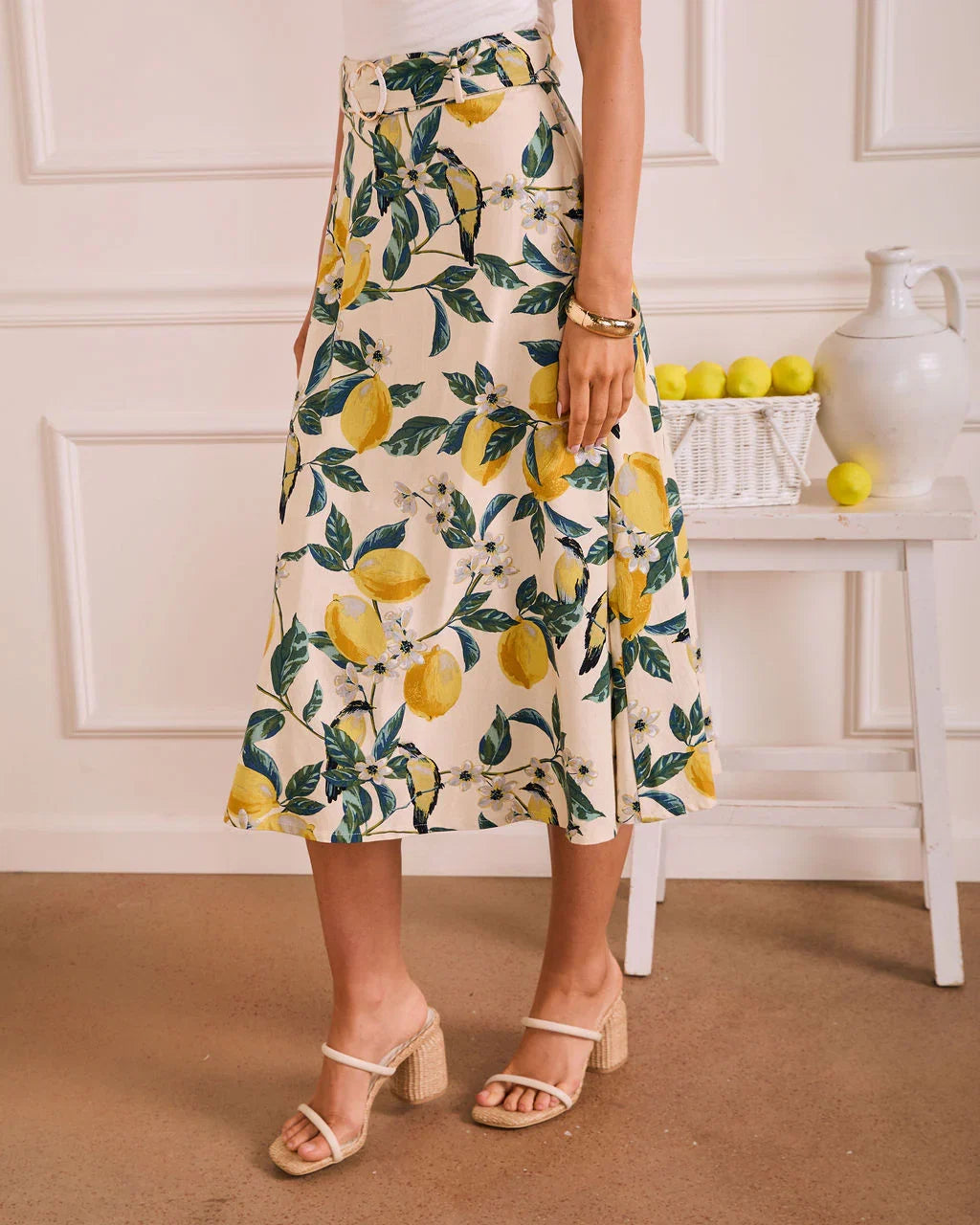 Sunlit Grove Lemon Print Midi Skirt