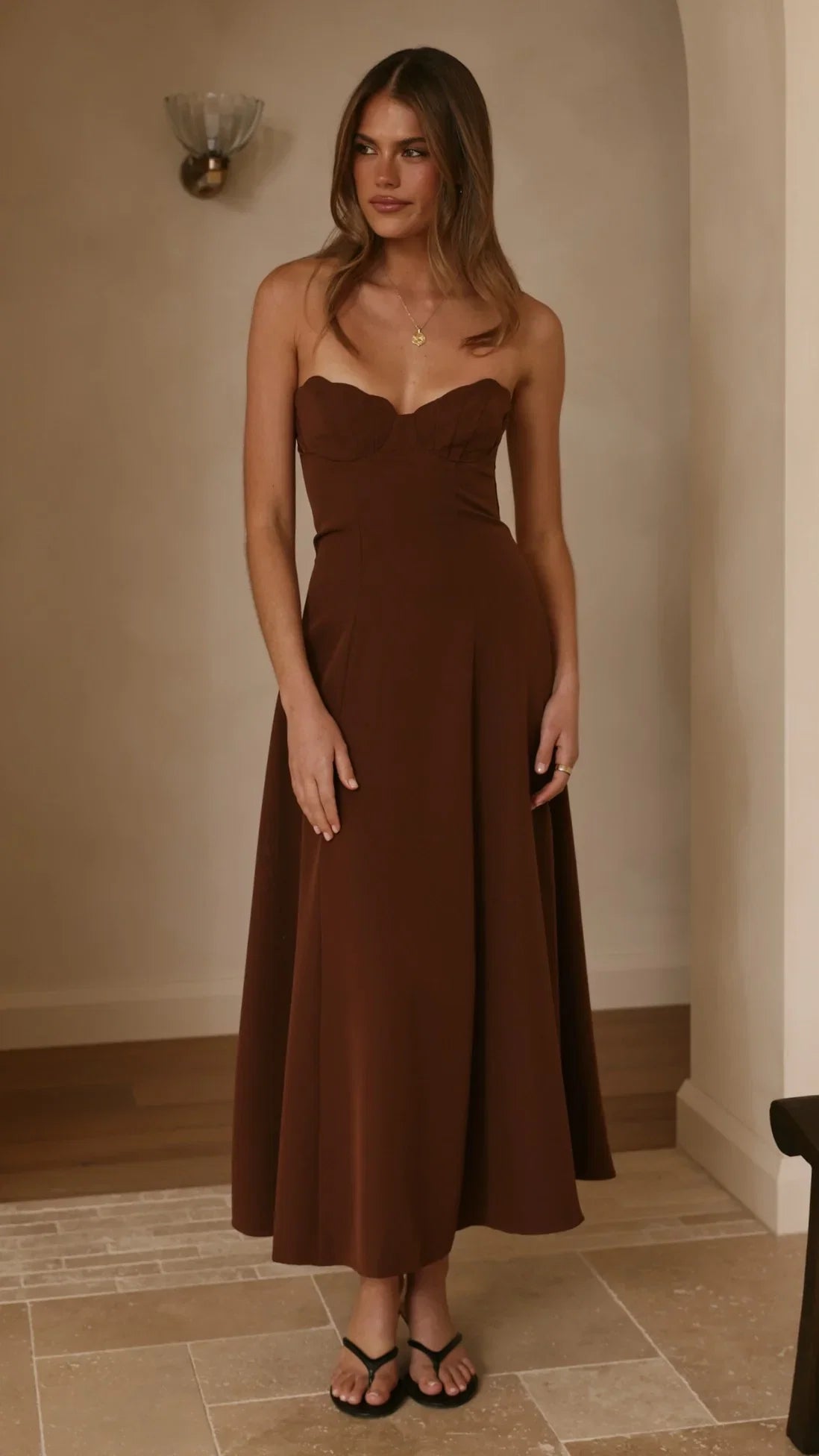 Janessa Strapless Midi Dress Chocolate