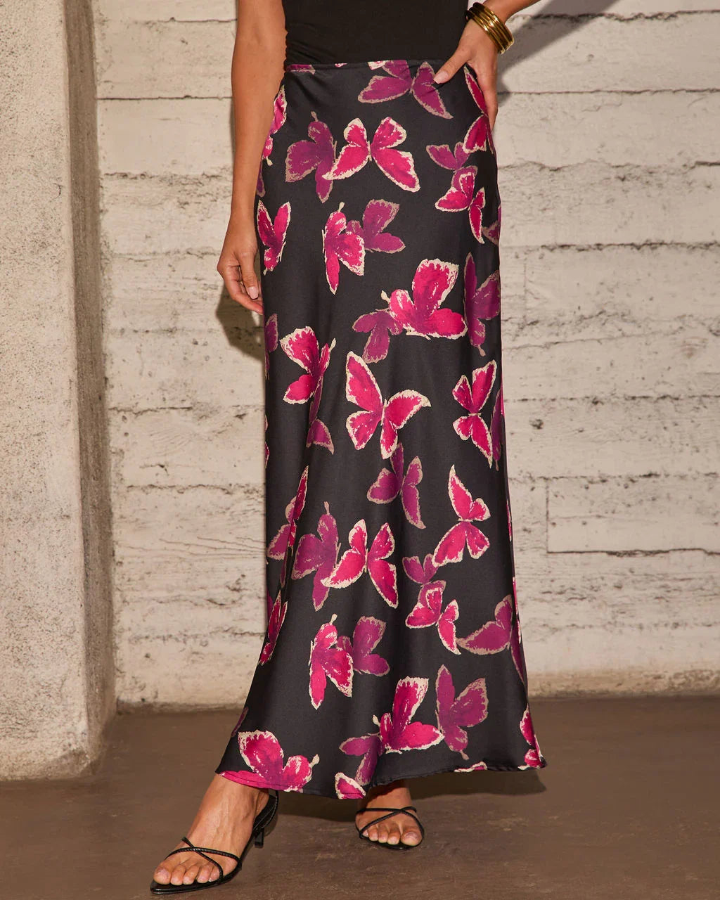 Light Feels Satin Butterfly Print Maxi Skirt