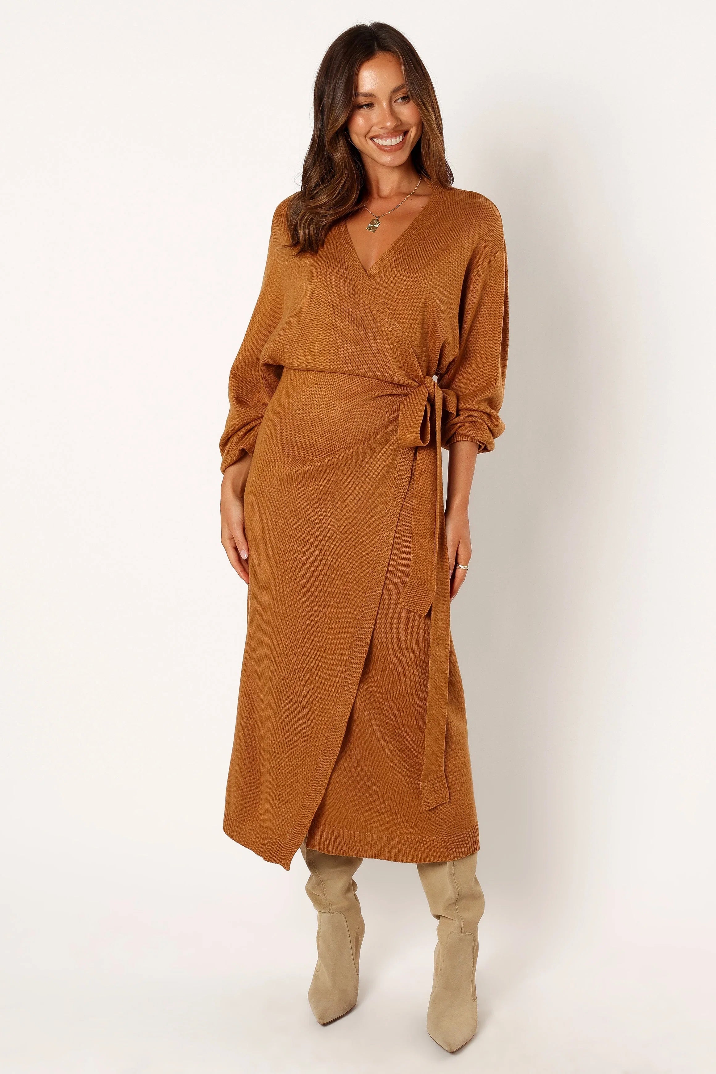 Nova Wrap Knit Midi Dress Camel