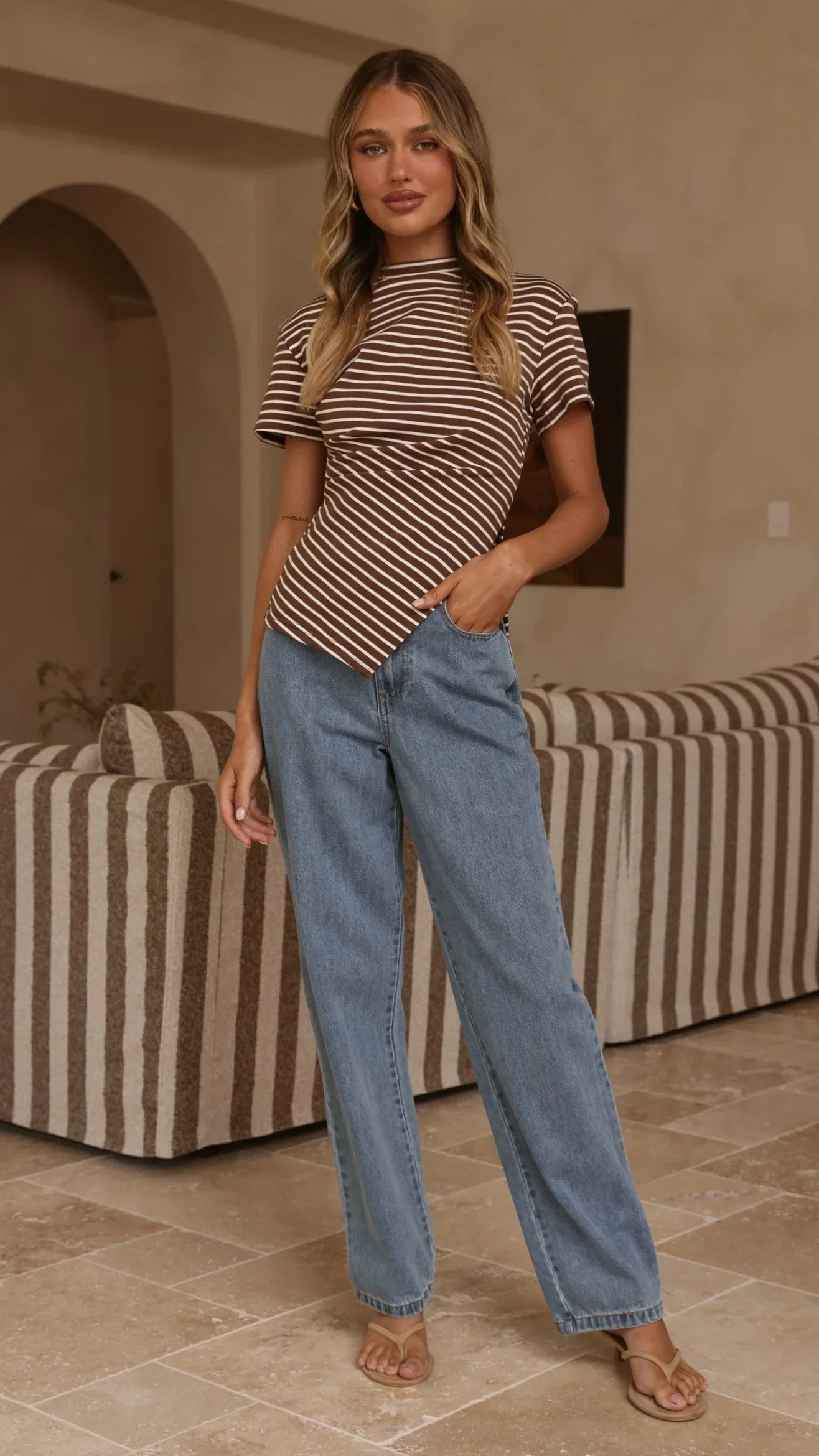 Tiarna Side Ruched Tee Brown White Stripe