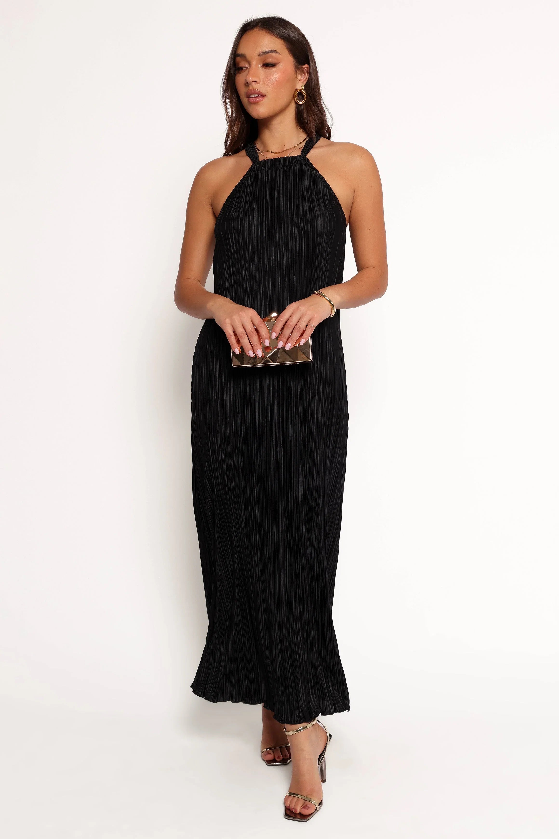 Melody Plisse Halter Maxi Dress Black