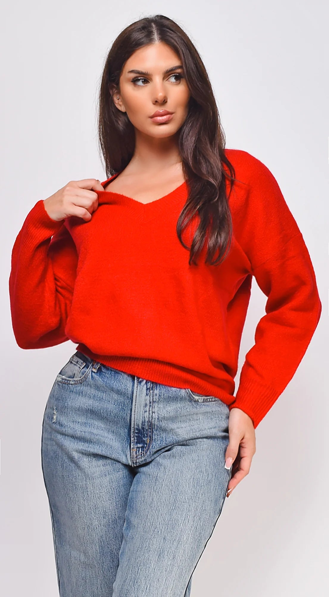 Remy V Neck Drop Shoulder Sweater Top Red