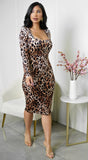 Rhea Square Neck Leopard Print Midi Dress Brown