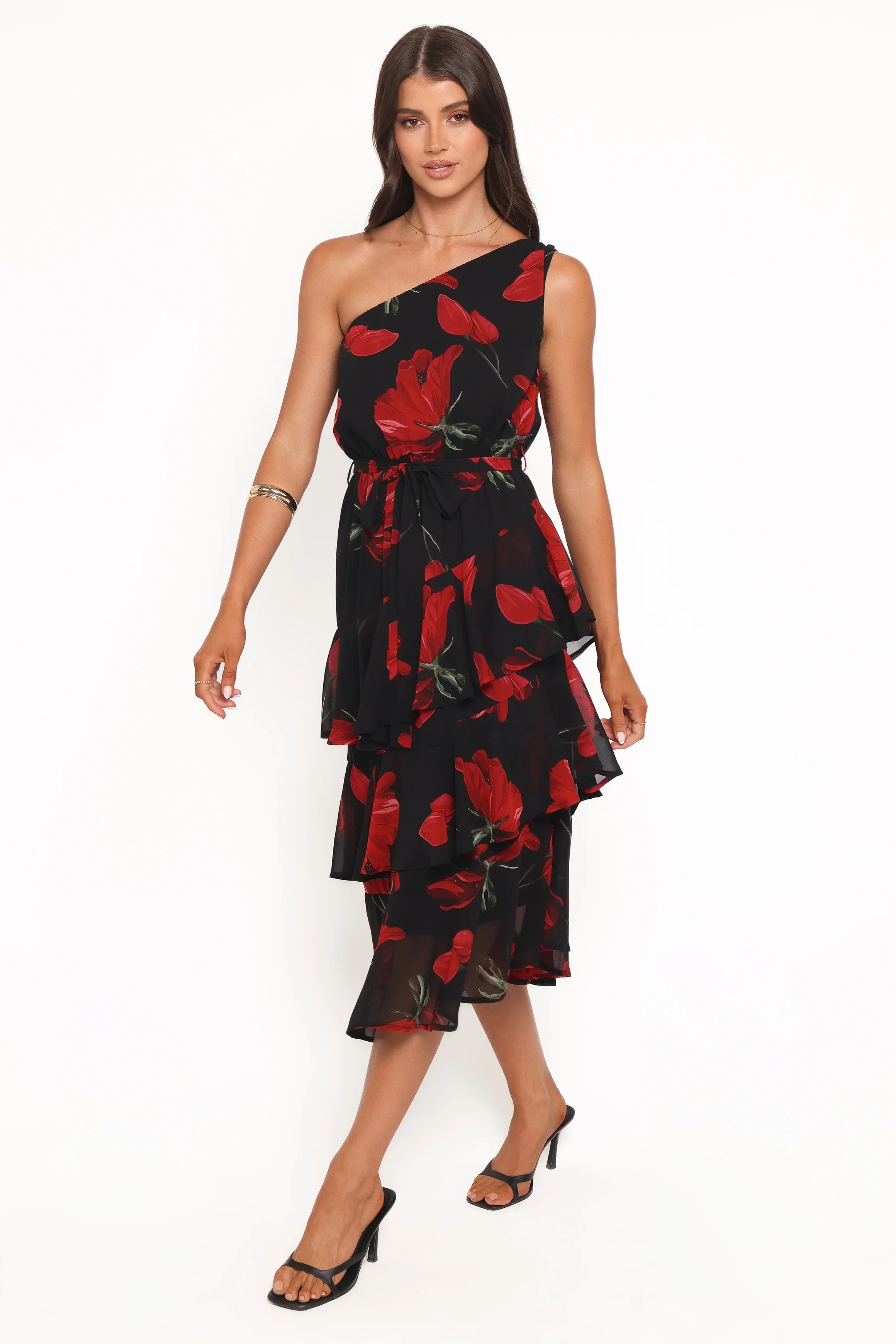 Brigette One Shoulder Tiered Midi Dress Red Floral