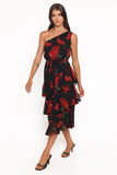 Brigette One Shoulder Tiered Midi Dress Red Floral