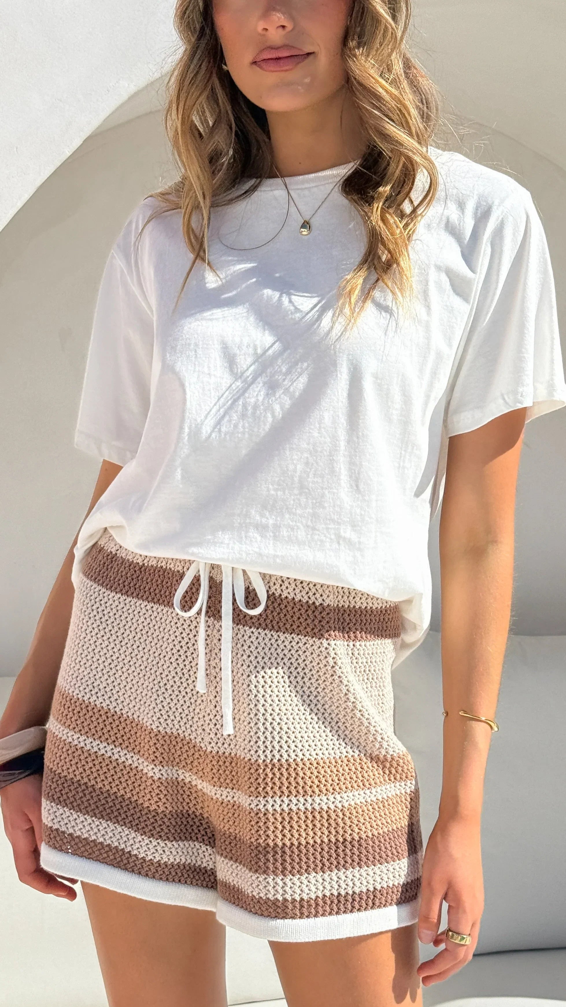 Janella Knit Shorts Natural Cream Stripe