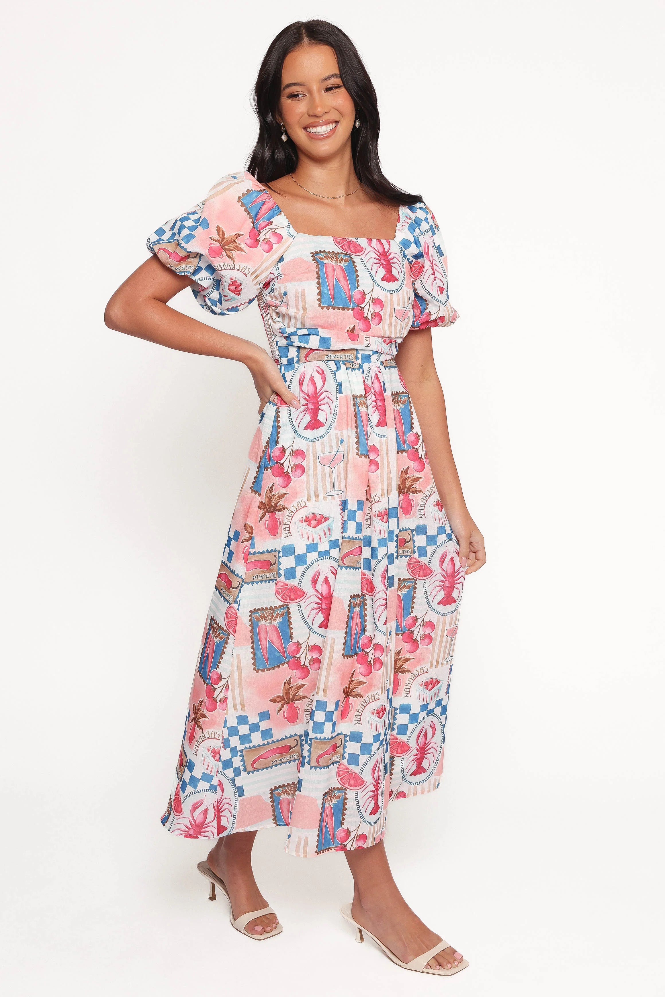 Clo Puff Sleeve Midi Dress Pink Blue