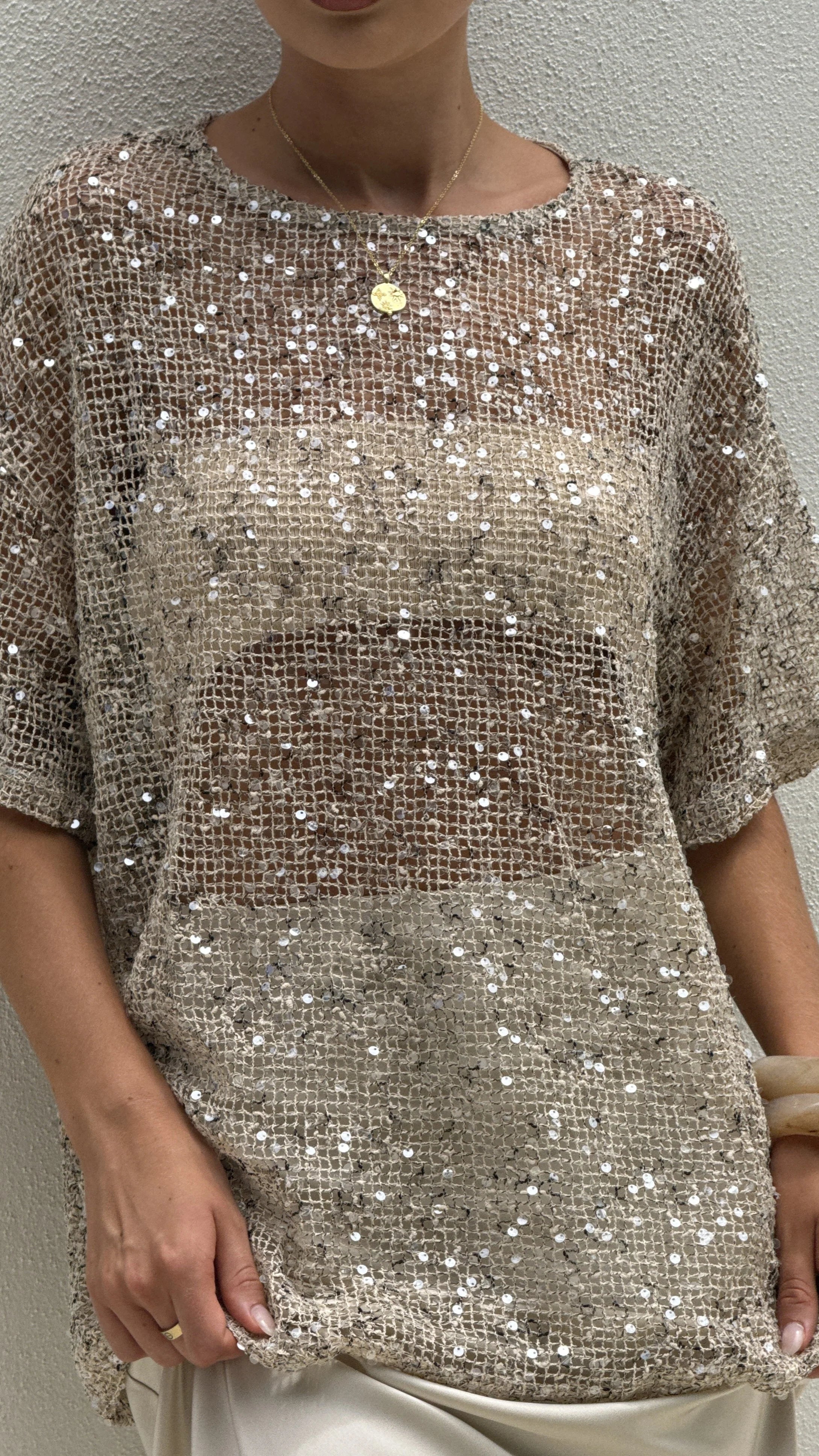 Zinnia Oversized Sequins Tee Beige
