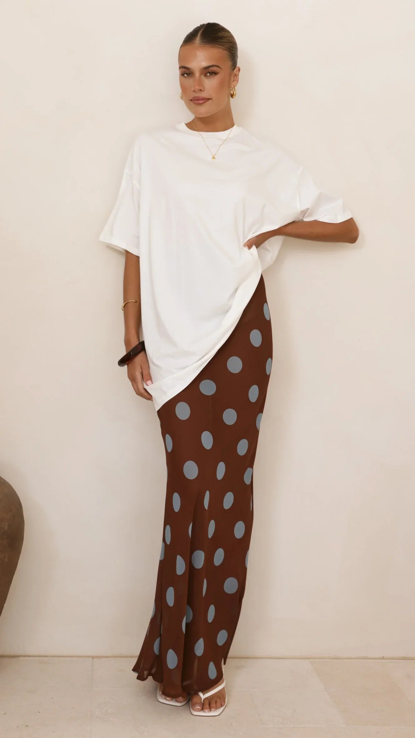 Yumi Oversized Tee and Sheer Skirt Set White Brown Blue Polka