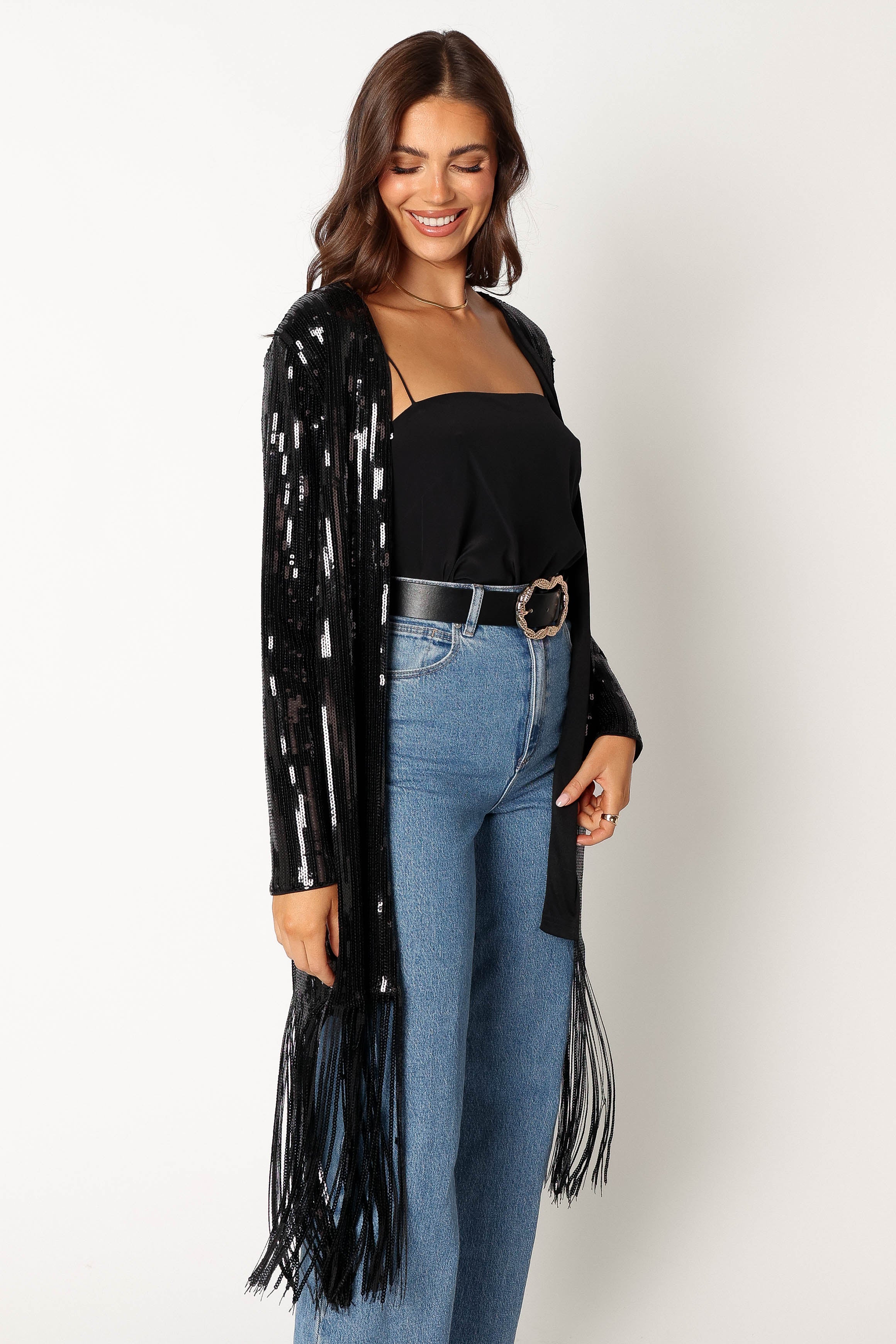 Miriam Sequin Fringe Duster Black