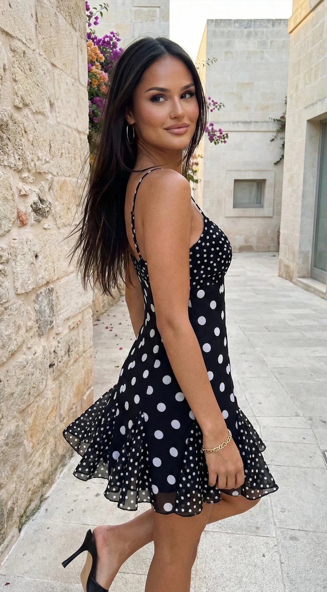 Sorella Polka Dot Chiffon Mini Dress Black