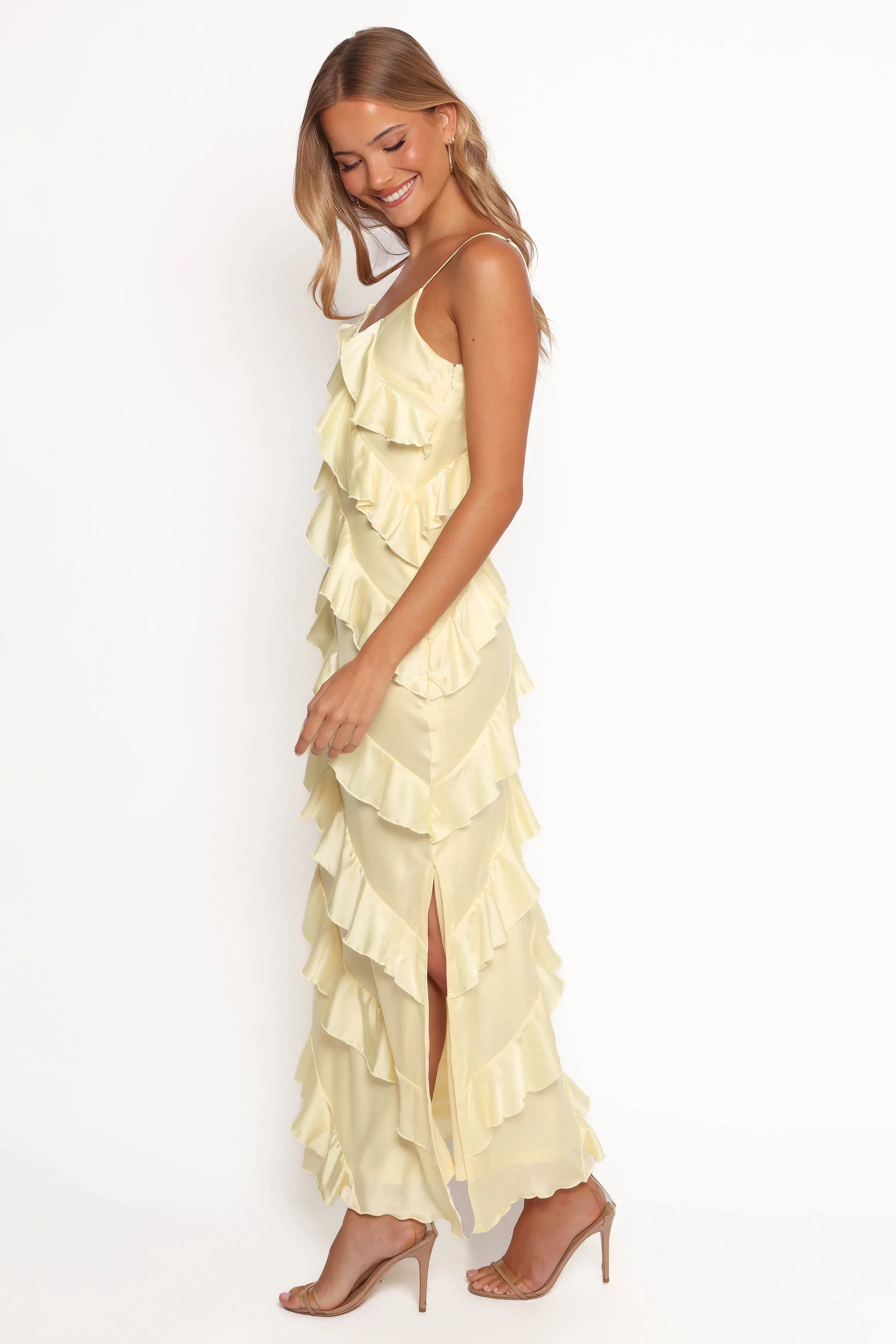 Ciao Ruffles Maxi Satin Dress Pale Yellow