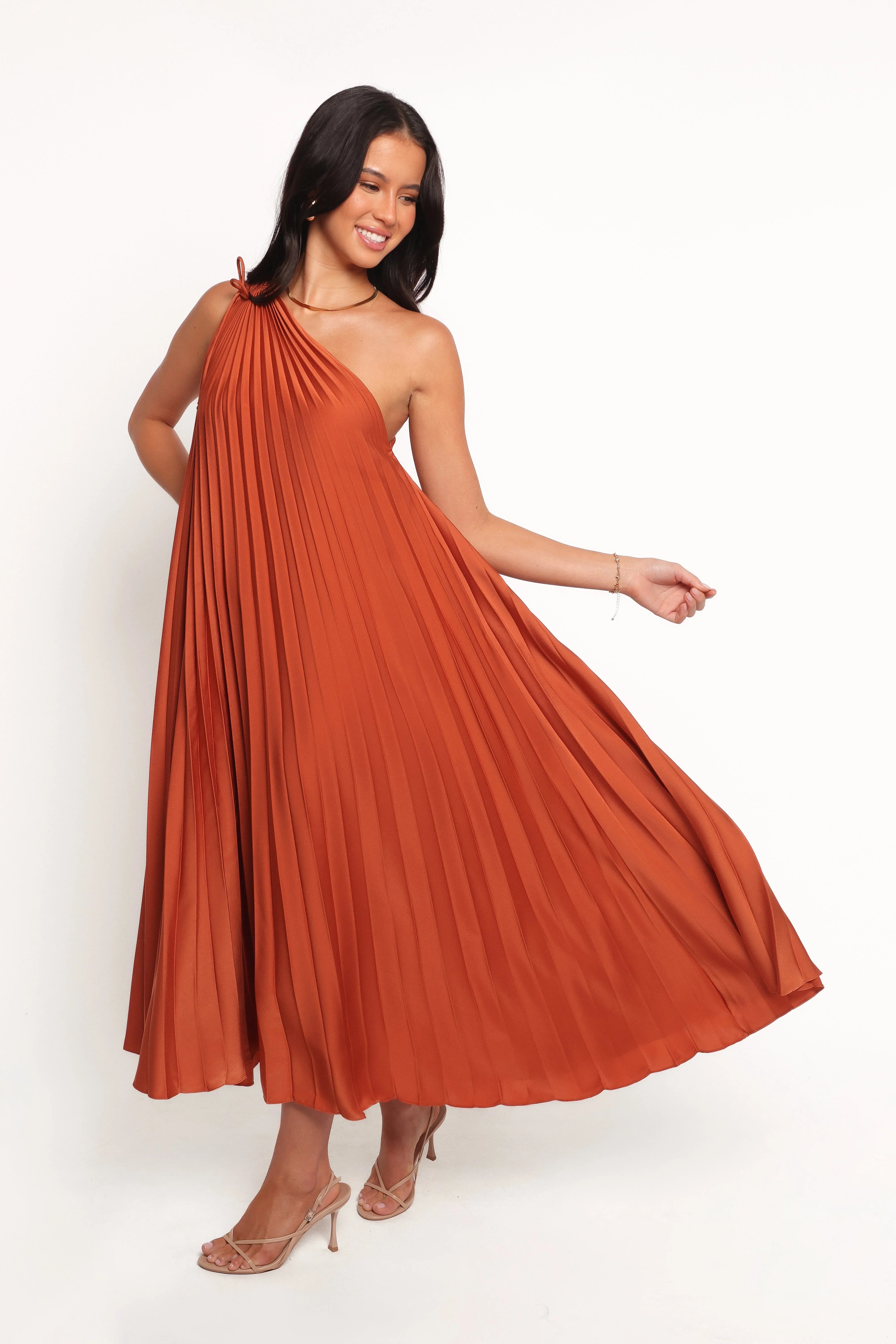 Selena One Shoulder Midi Dress Russet Bronze