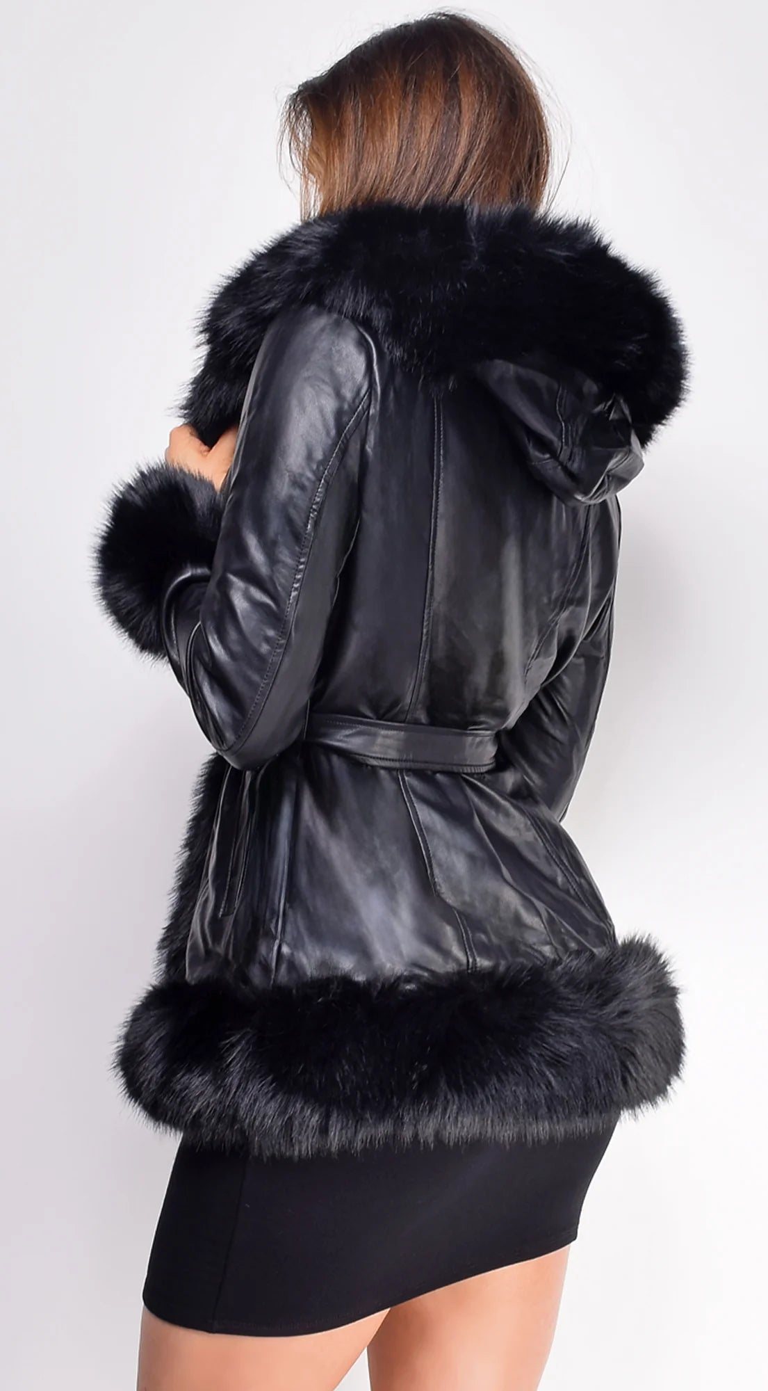 Sasha Black PU Leather Faux Fur Trim Coat