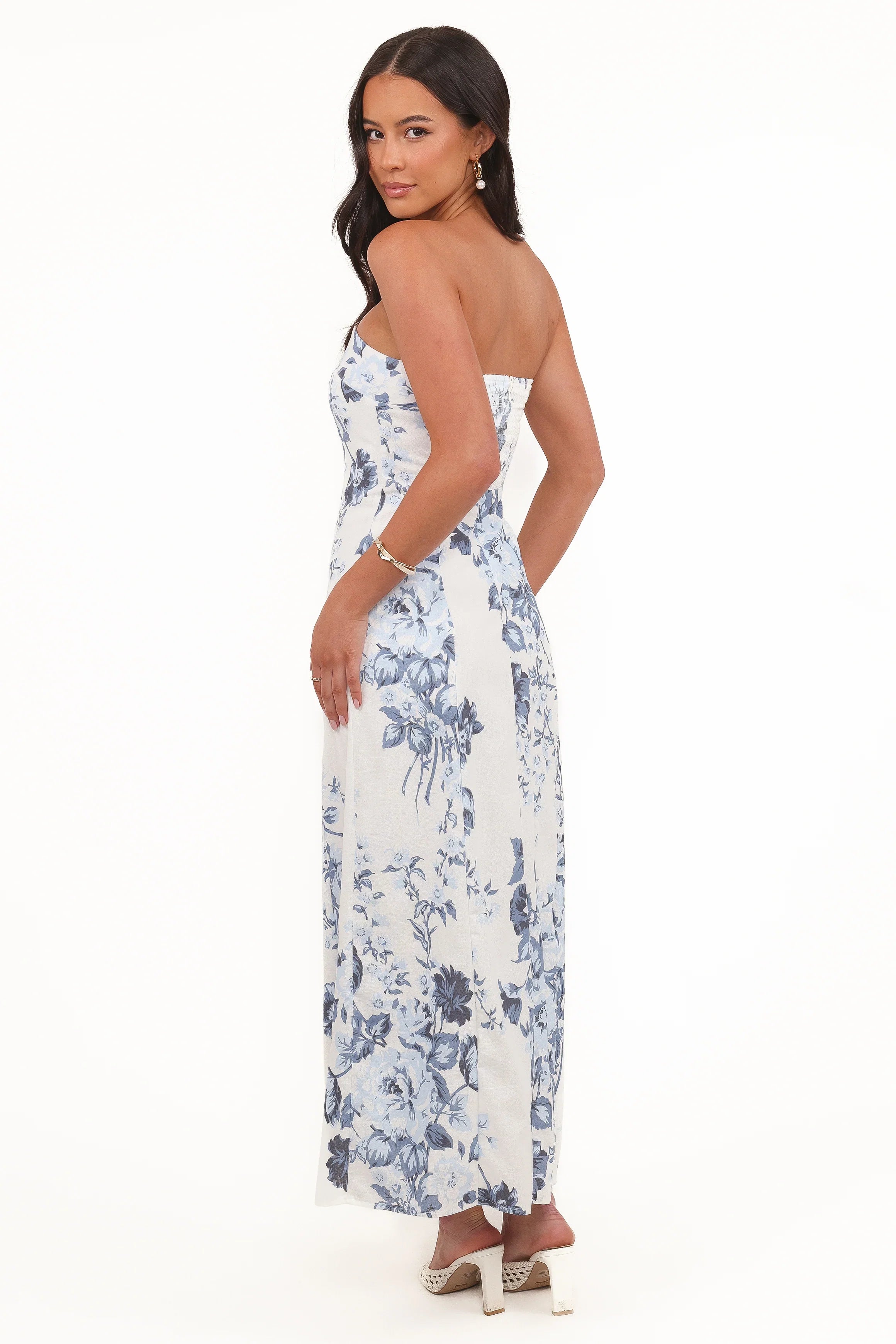 Tamira Strapless Midi Dress Blue Floral
