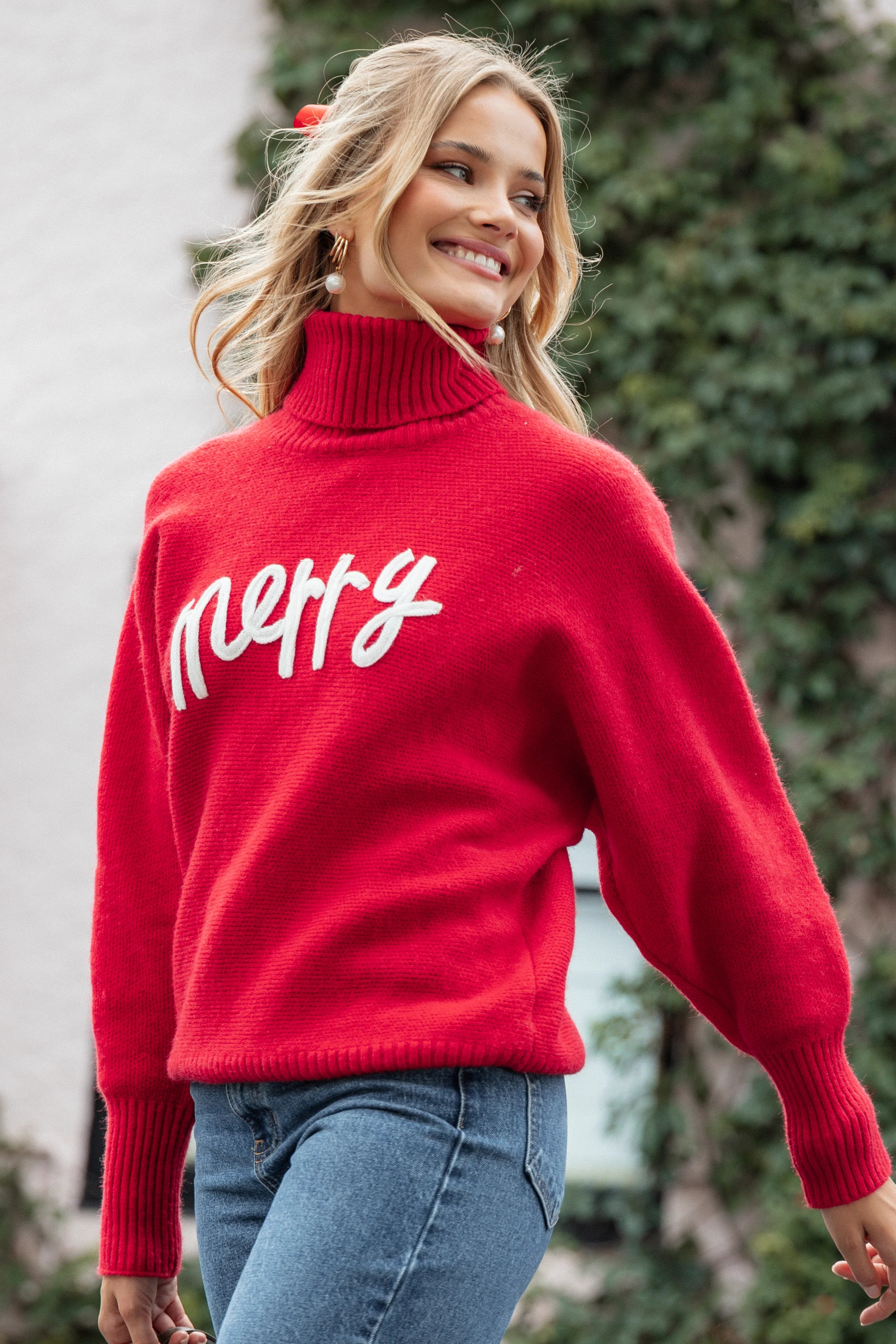 Merry Turtleneck Knit Sweater Red White
