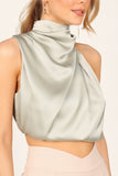Arabella High Neck Drape Satin Top Olive