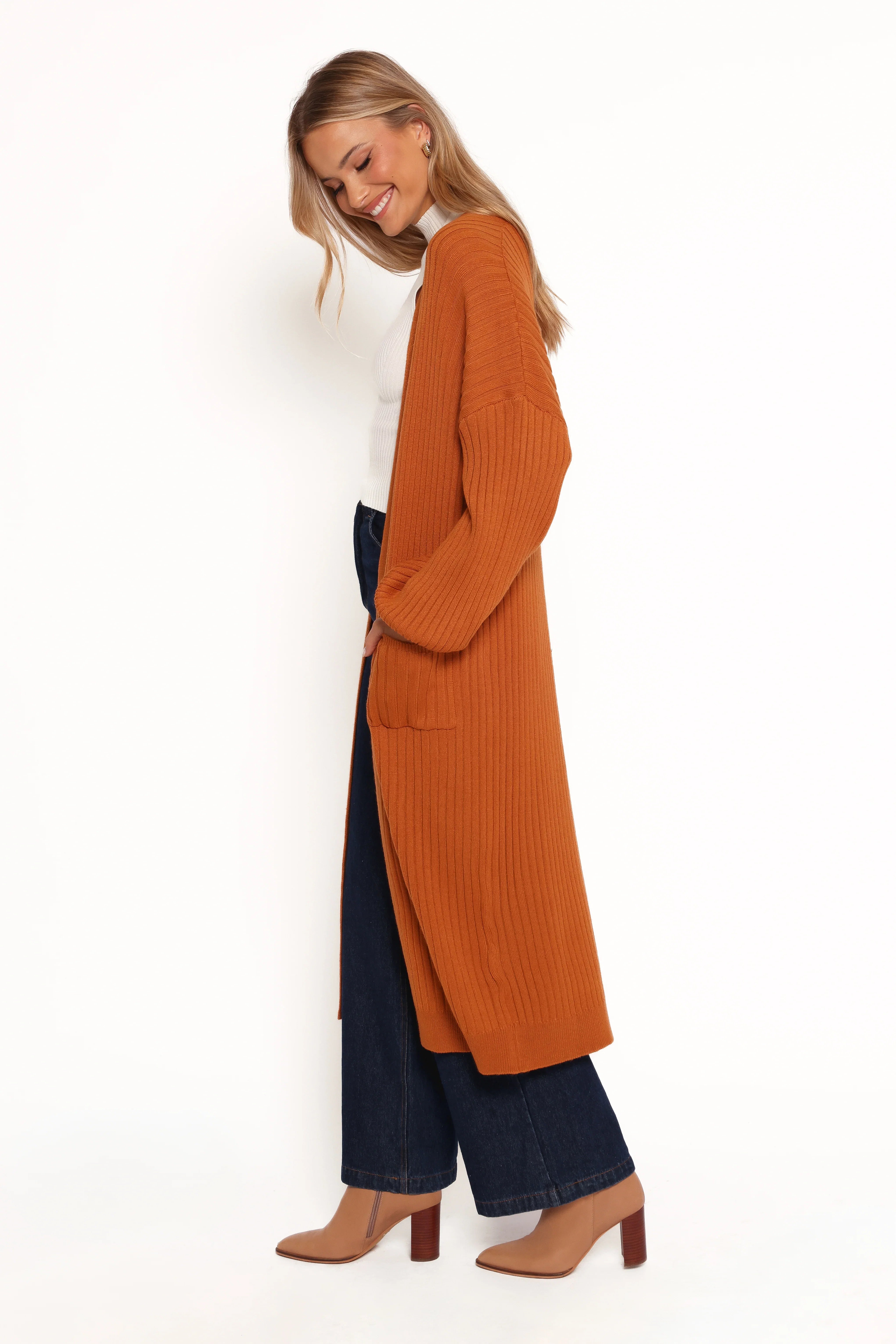 Makenna Long Open Front Cardigan Rust