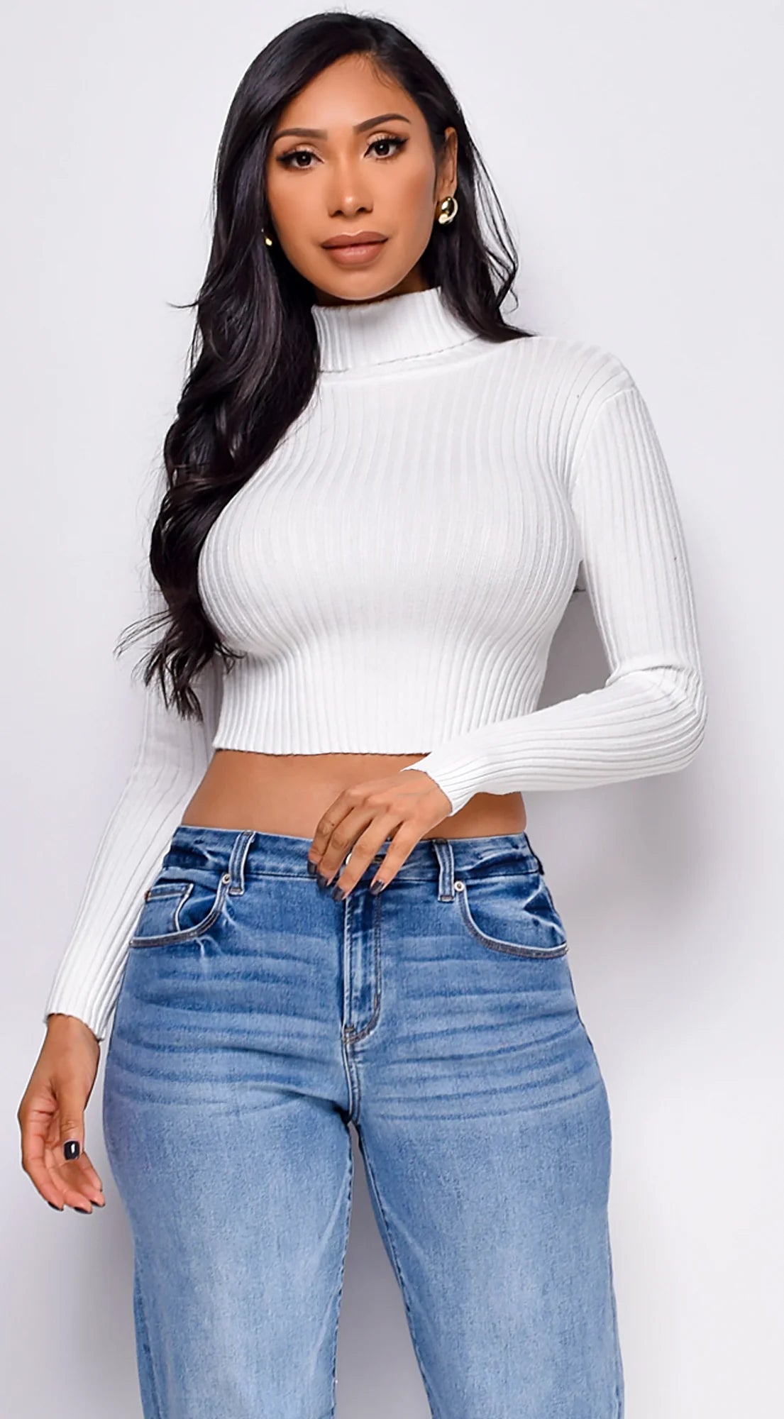 Astraia Basic Turtle Neck Crop Ribbed Sweater Top Off White