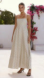 Nicole Spaghetti Strap Maxi Dress Beige Black Polka Dot