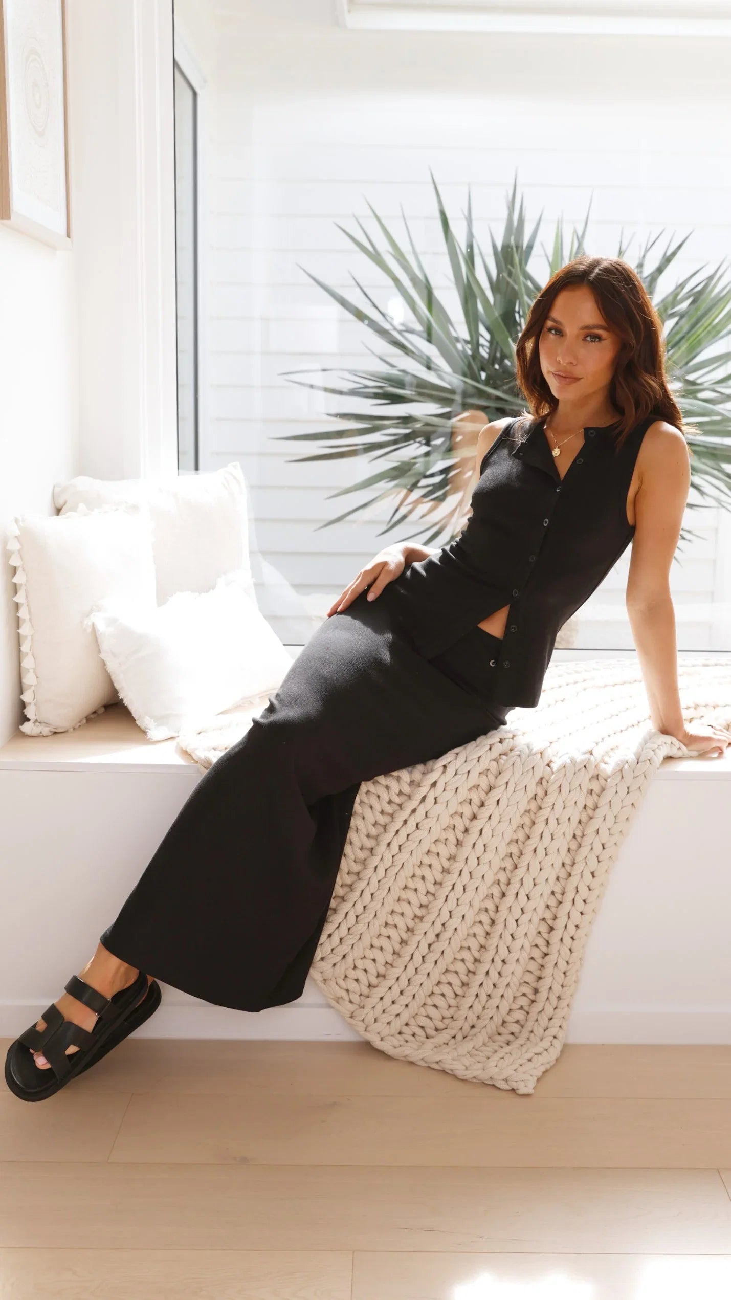 Rahela Button Top and Maxi Skirt Set Black