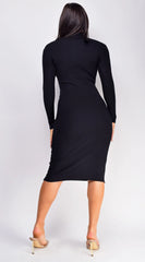 Cielo Mock Neck Long Sleeve Ribbed Mid Dress Black