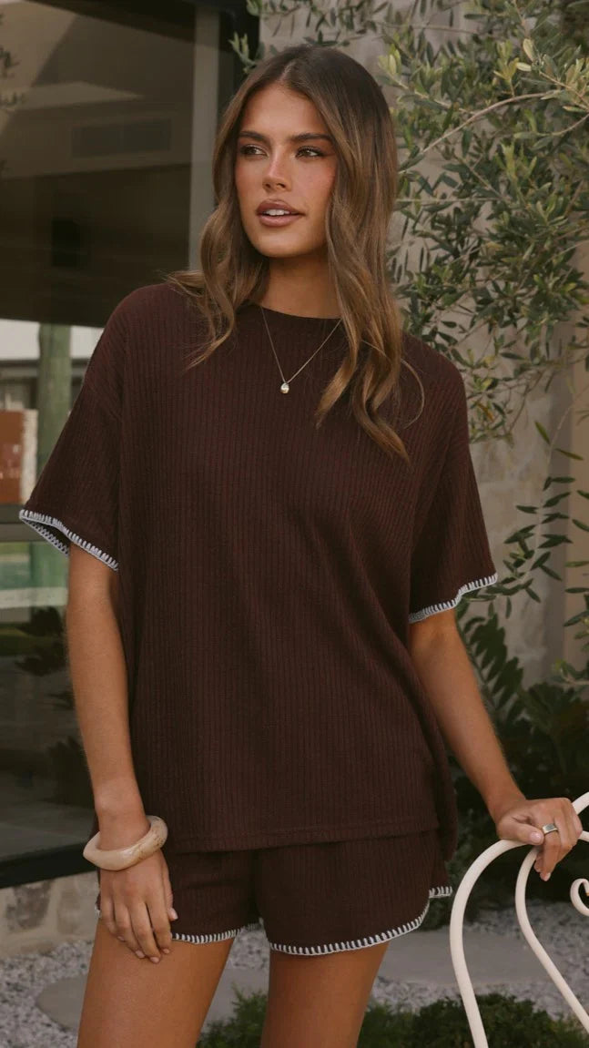 Zaide Knit T Shirt and Shorts Set Chocolate Blue