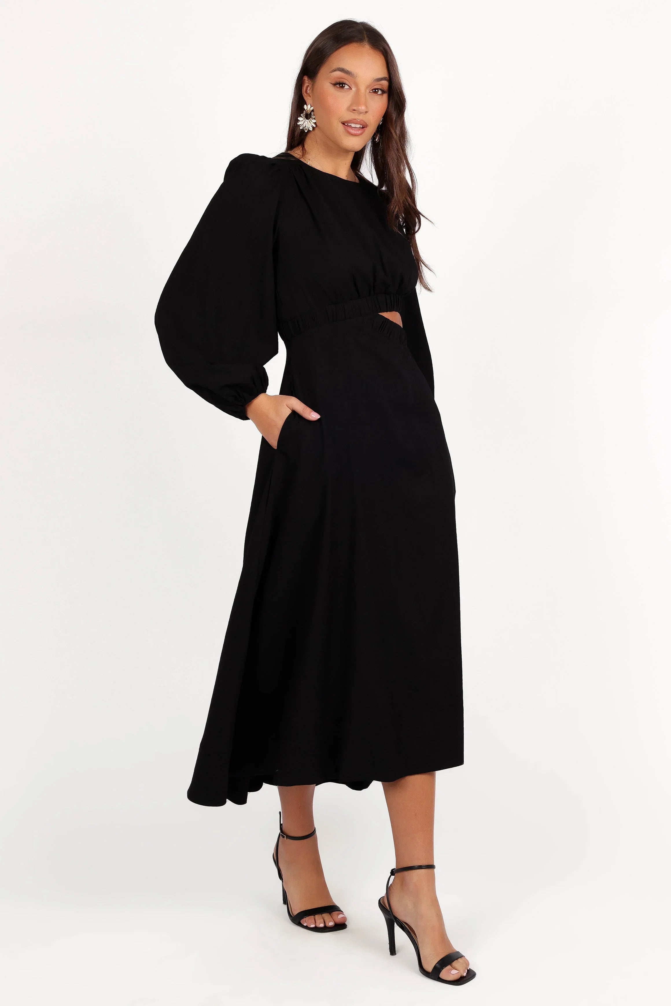 Ginnee Puff Sleeve Cutout Midi Dress Black