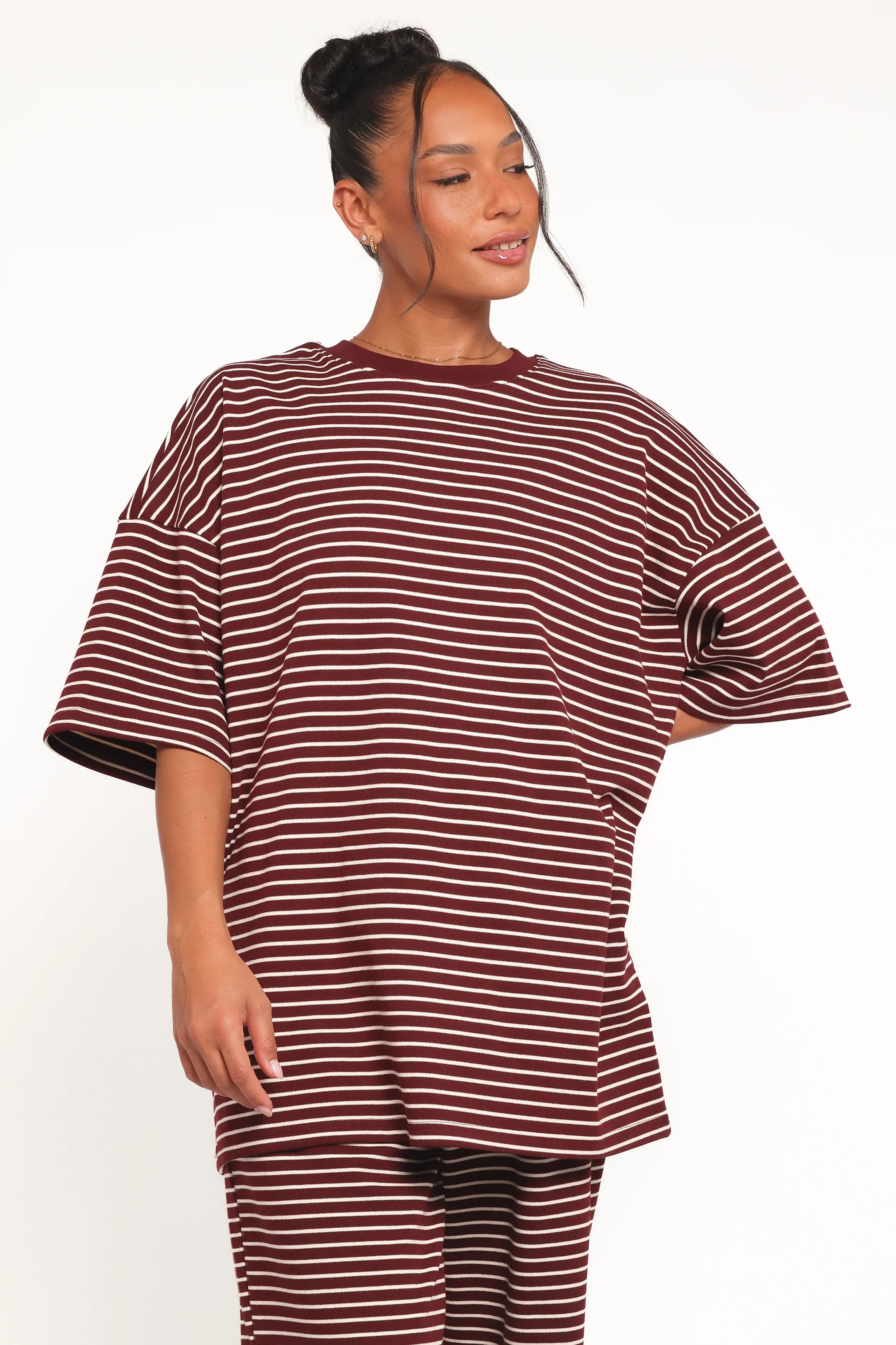 Wilda Oversized Tee Burgundy Cream Stripe