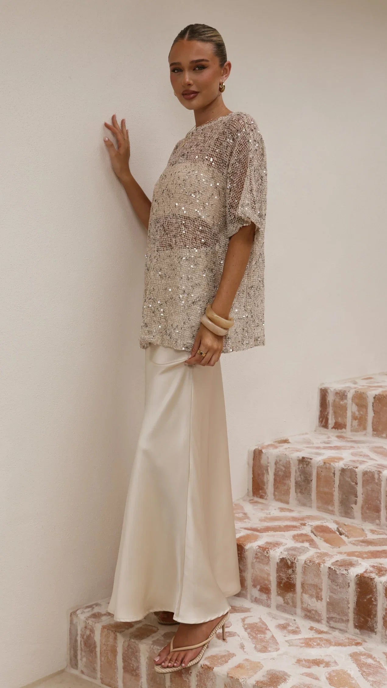 Zinnia Oversized Sequins Tee Beige