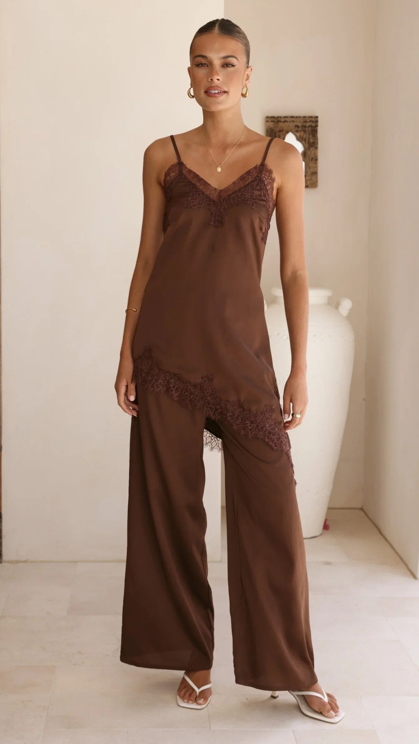 Hayleigh Asymmetrical Top and Pants Set Chocolate Lace