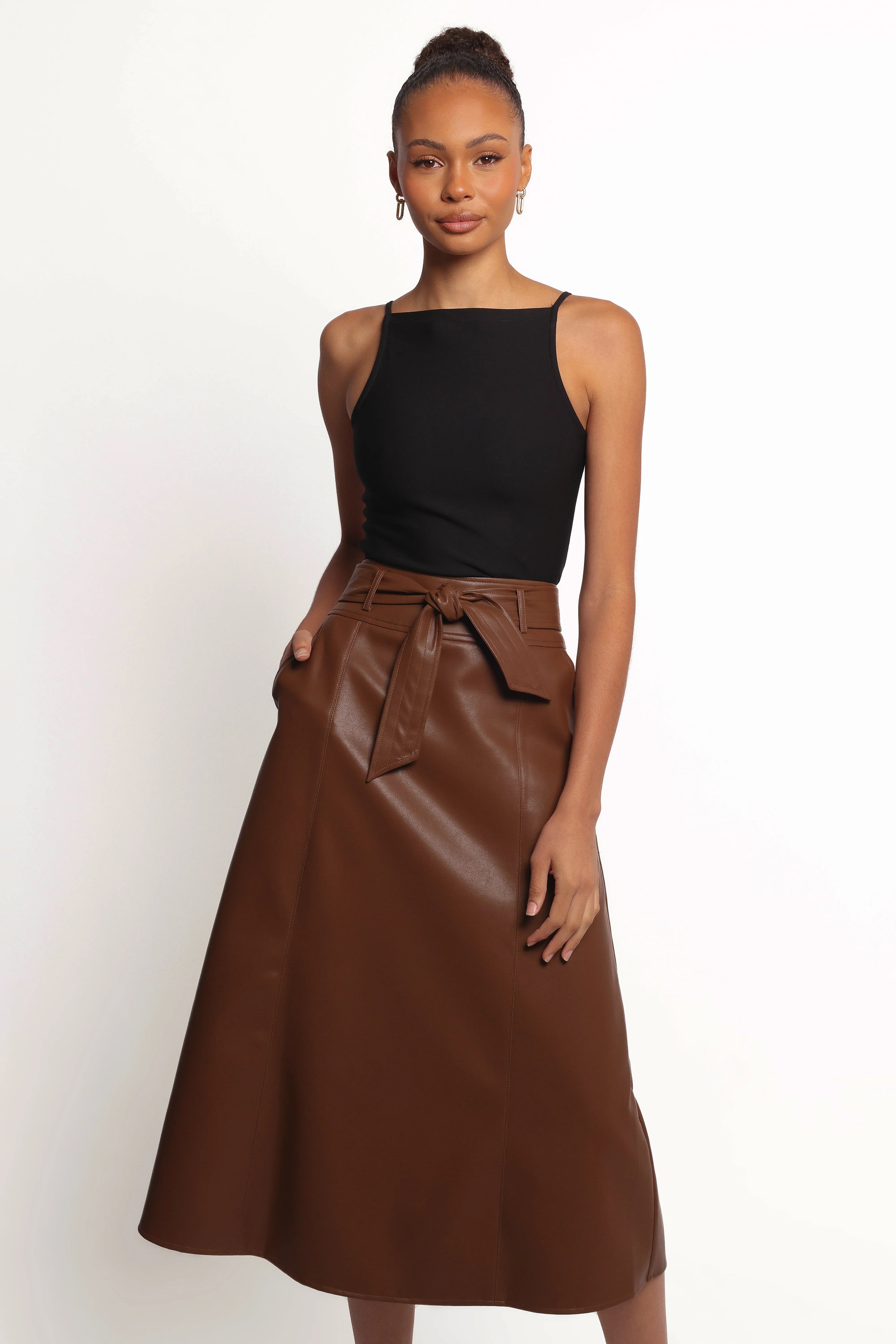 Adaline Faux Leather Midi Skirt Brown
