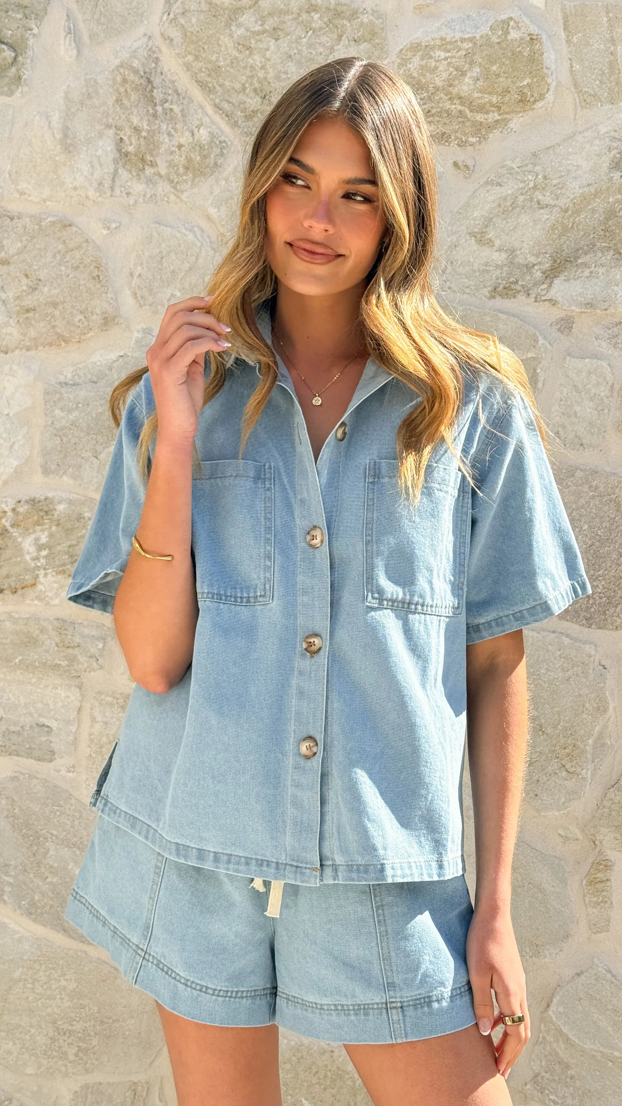 Adia Top and Shorts Set Light Blue Denim