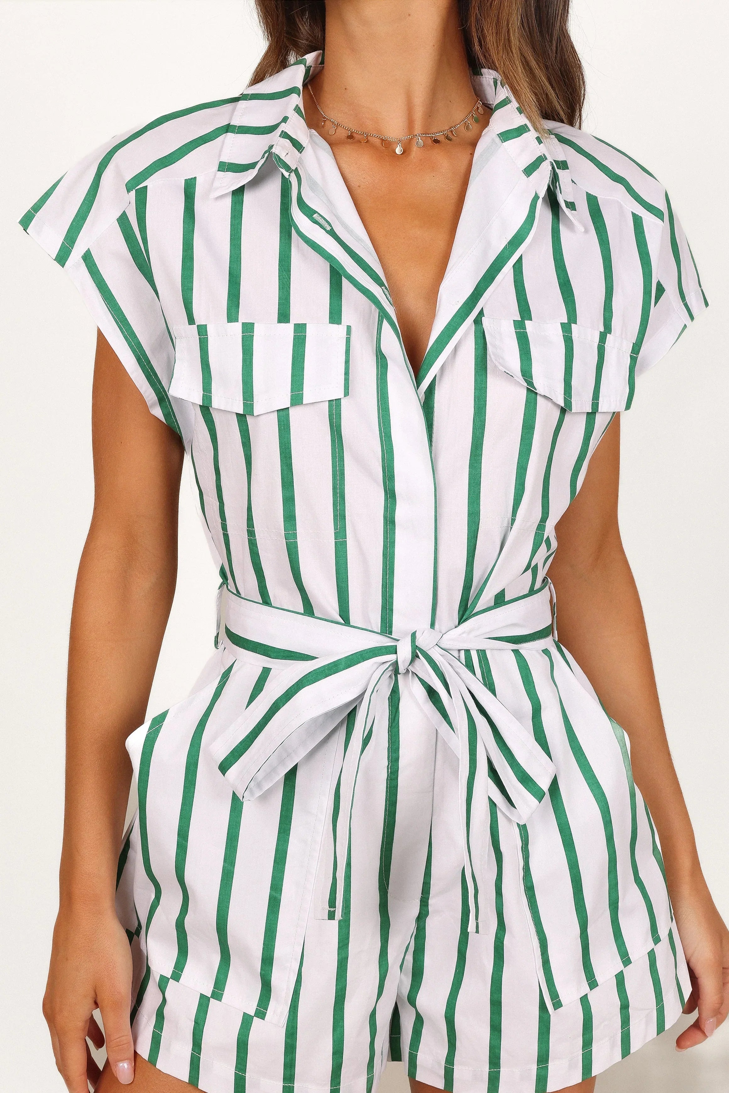Addie Tie Waist Romper White Green