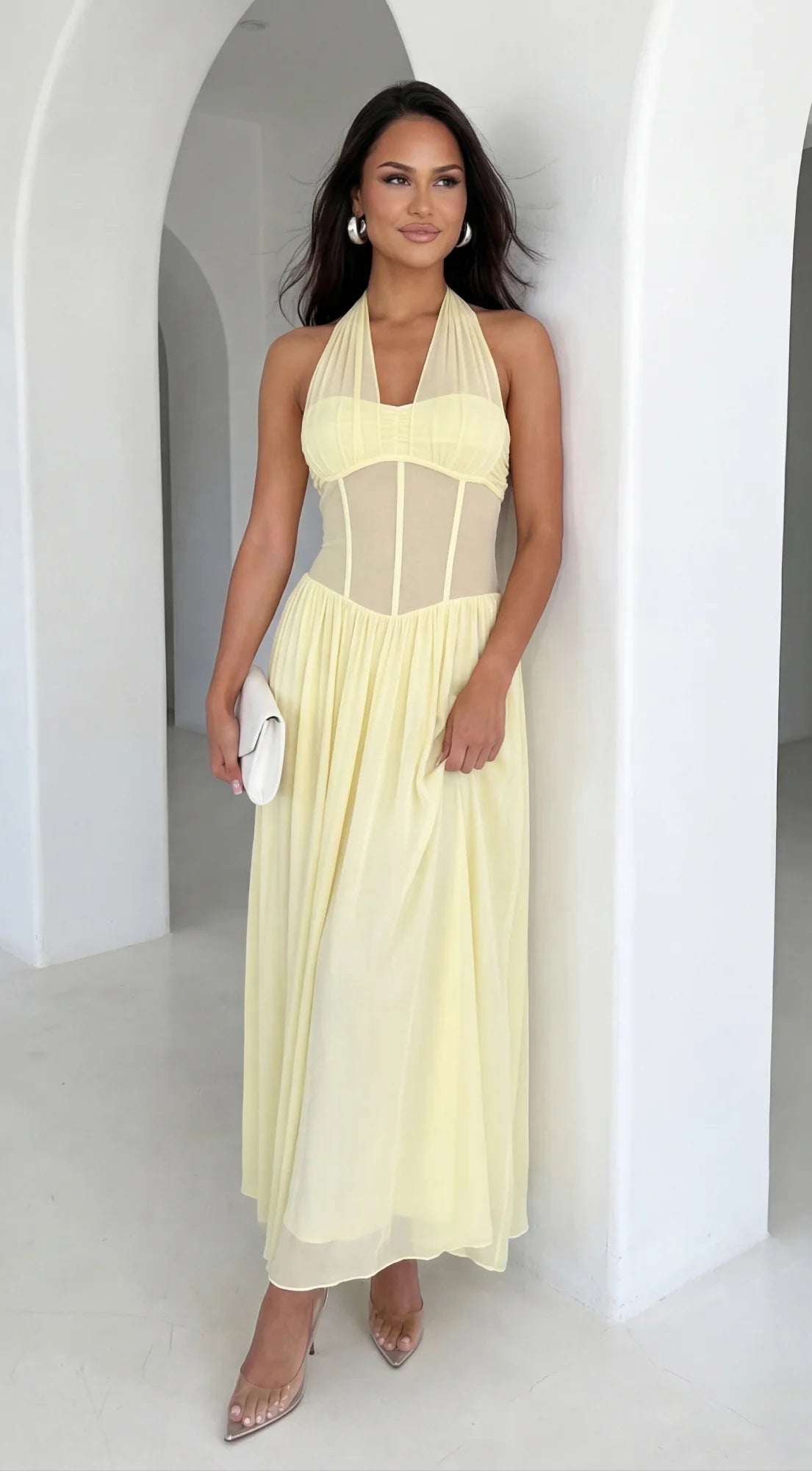 Aurevyn Halter Mesh Maxi Dress Butter Yellow