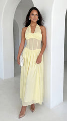 Aurevyn Halter Mesh Maxi Dress Butter Yellow