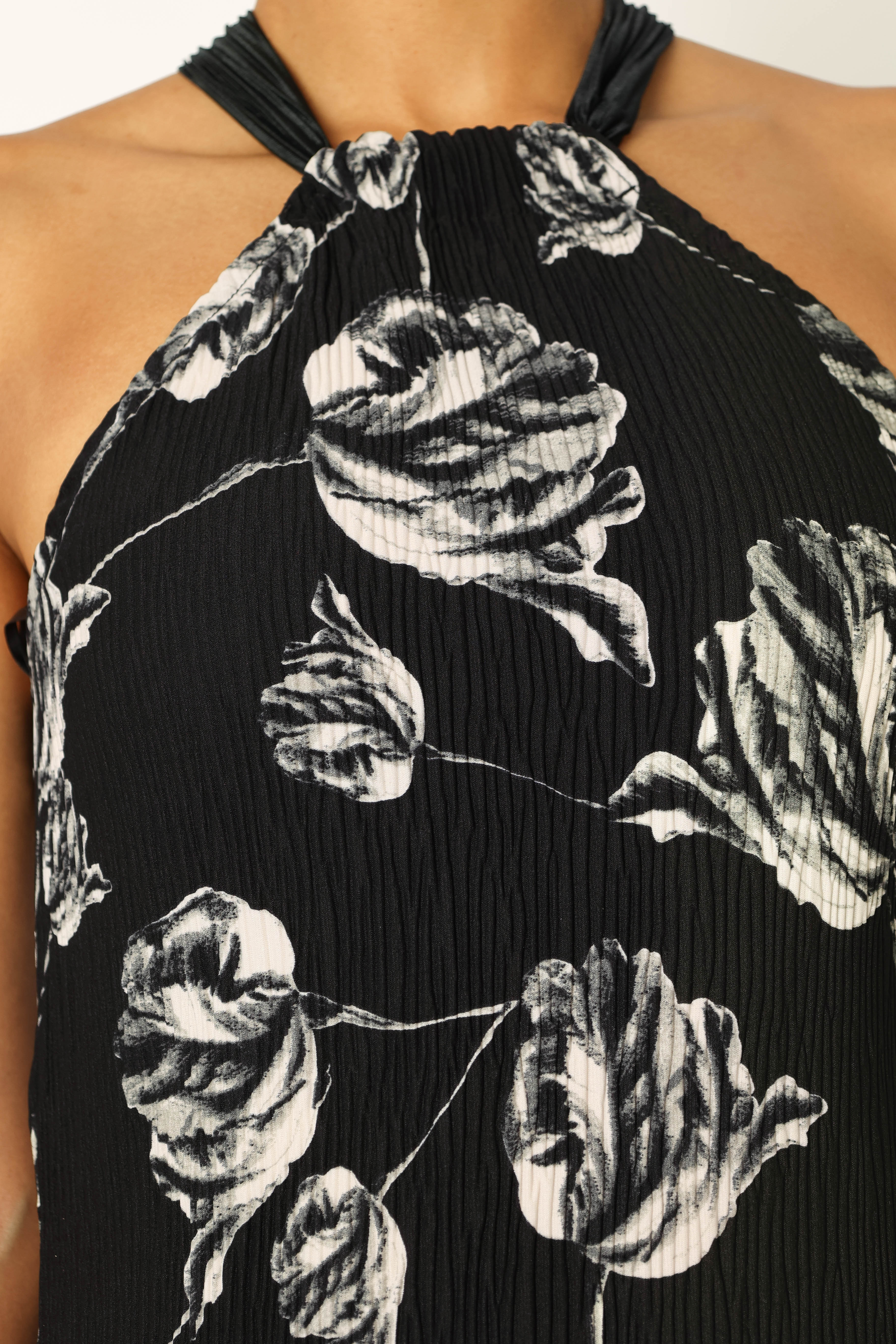 Melody Plisse Halter Maxi Dress Black Floral