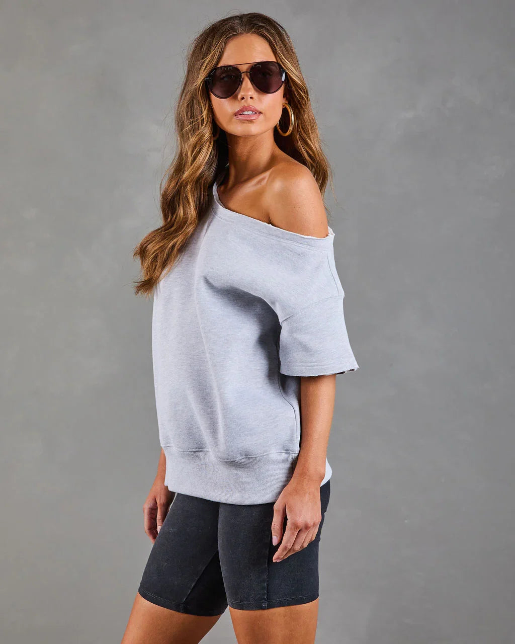 Empower Luxe Short Sleeve Off The Shoulder Sweatshirt
