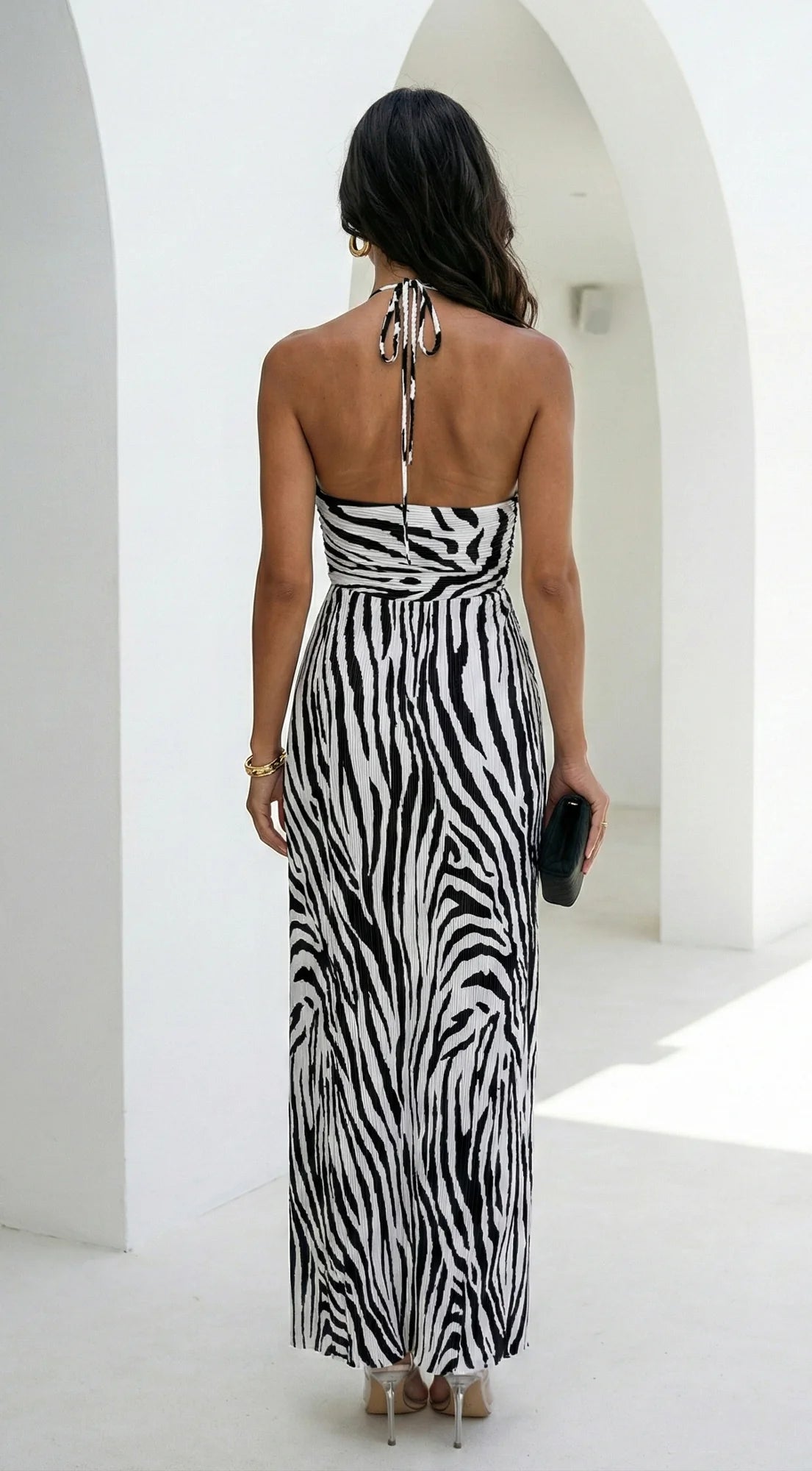 Noemiya Zebra Pleated Halter Maxi Dress White