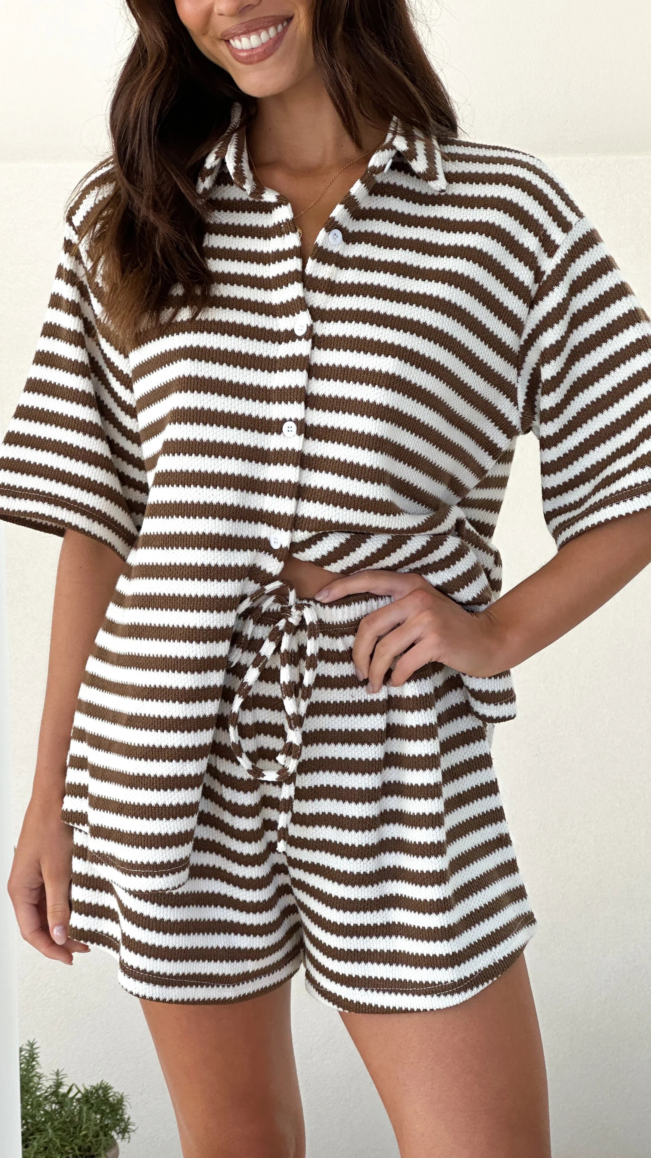 Romi Shirt and Shorts Set Brown Stripe