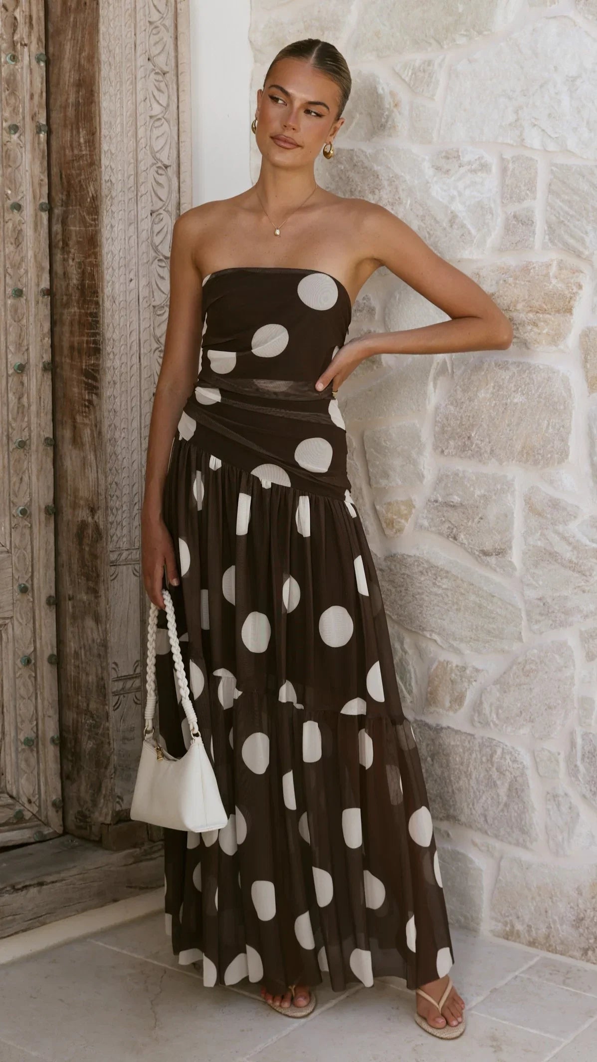 Riko Strapless Maxi Dress Chocolate Macro Polka