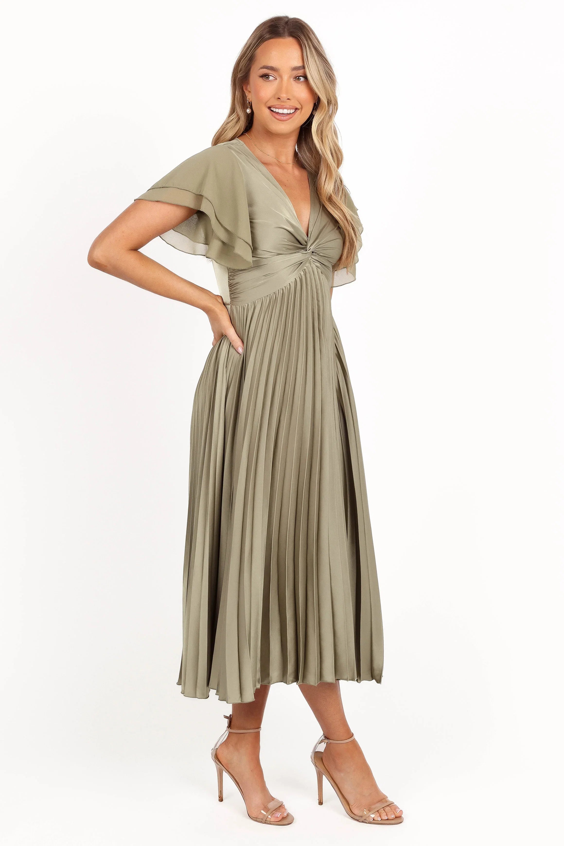 Nova Flutter Sleeve Midi Dress Olive