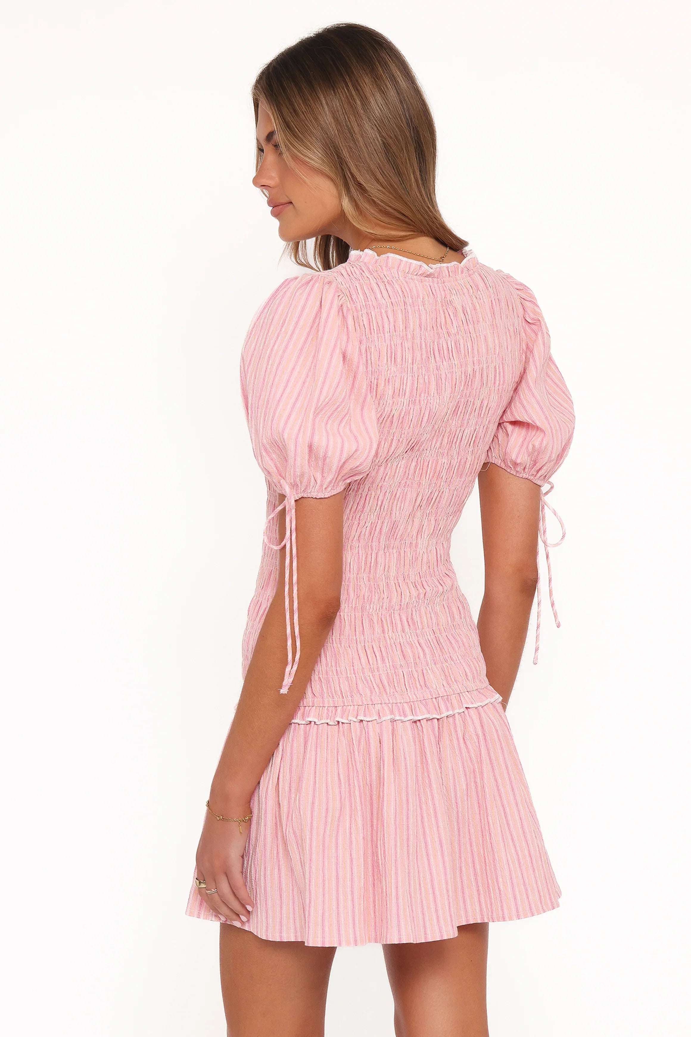 Kaelyn Gather Mini Dress Pink Stripe