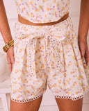 Sunny Petals Floral Eyelet Waist Tie Shorts