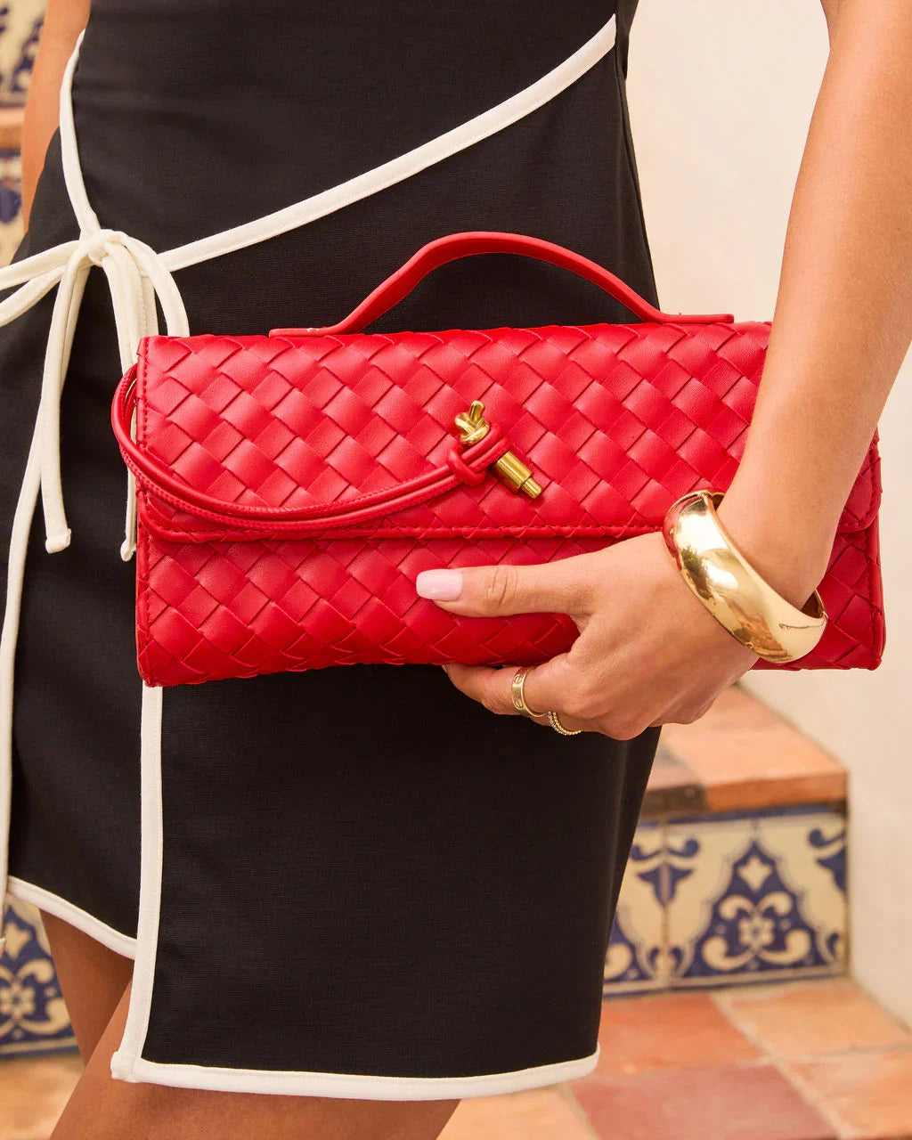 Porta Woven Leather Top Handle Clutch